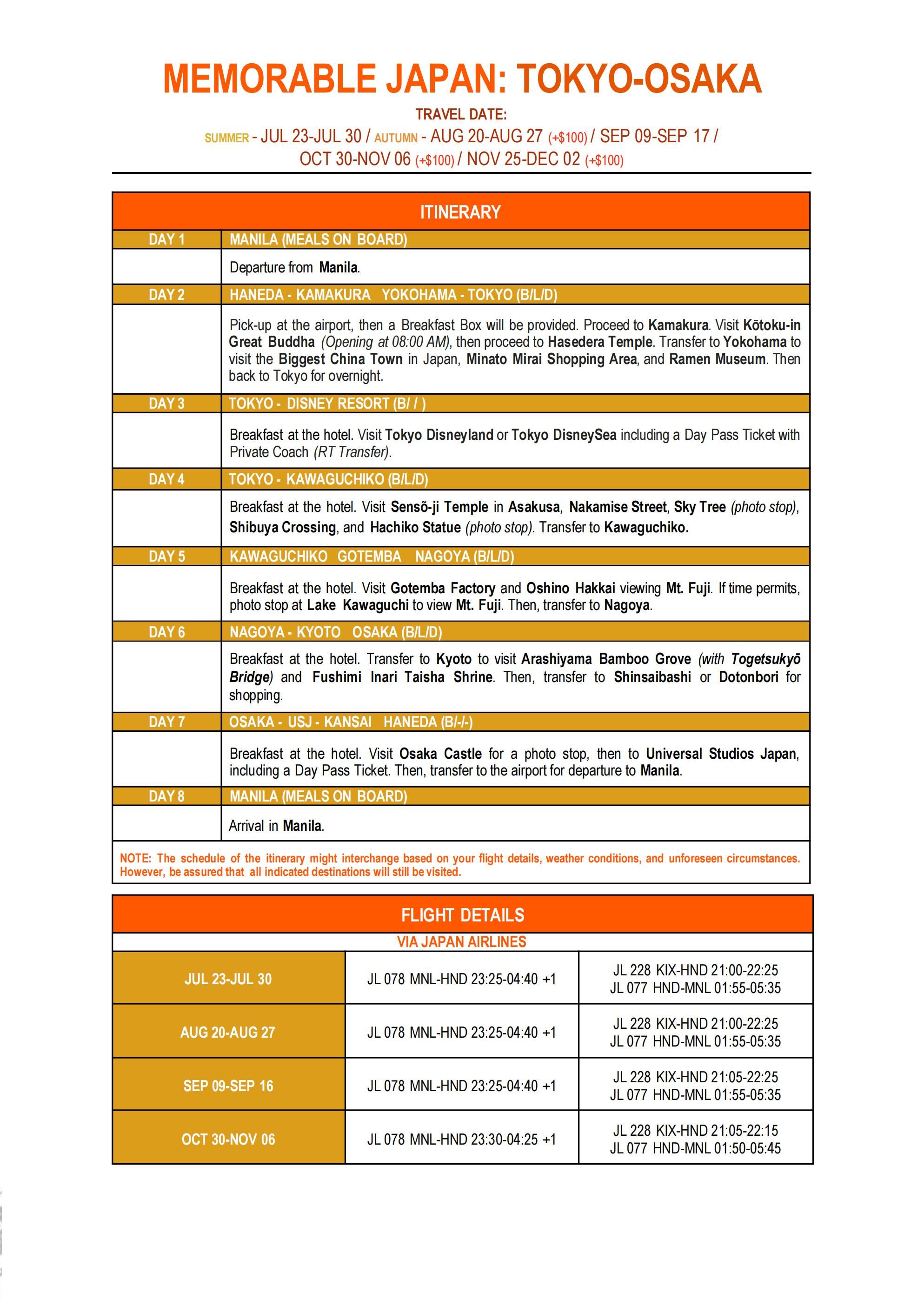 (EVISA) Memorable Japan Tokyo Osaka via JAL 2026 : AS LOW AS $1988/PAX itinerary