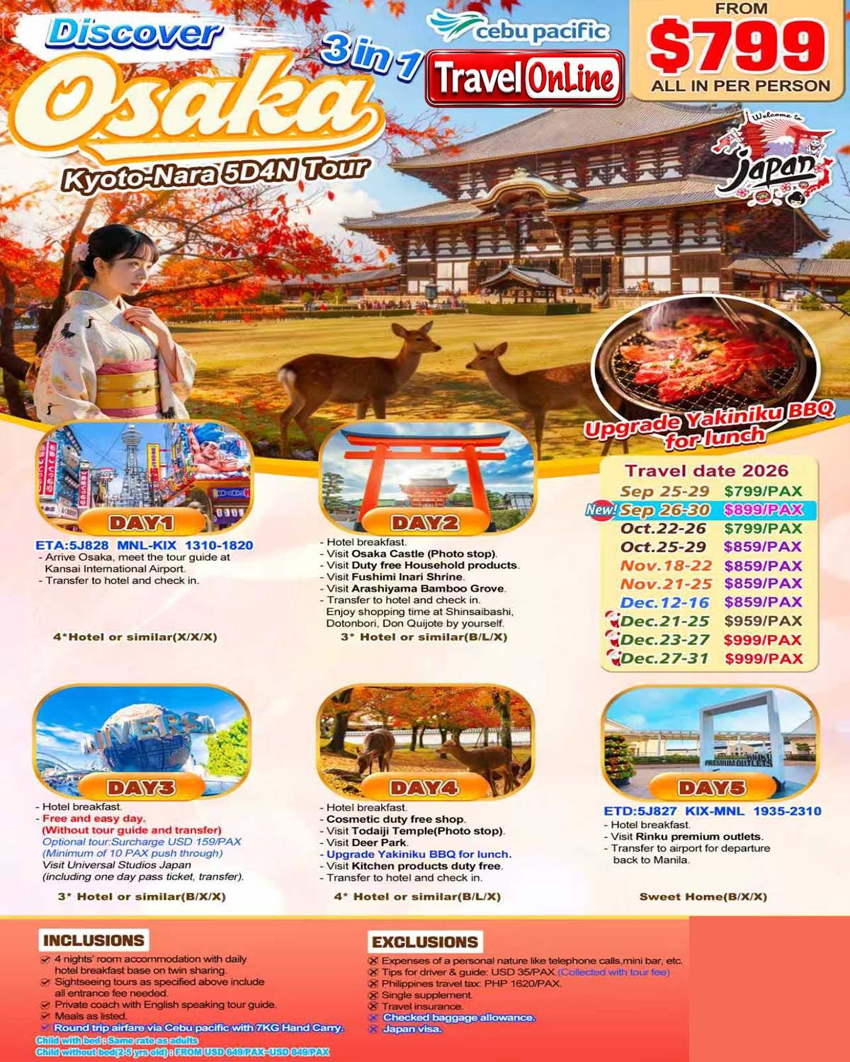 Discover Osaka+Kyoto+Nara 5D4N (3 in 1) , 2026: AS LOW AS $799/PAX promo image