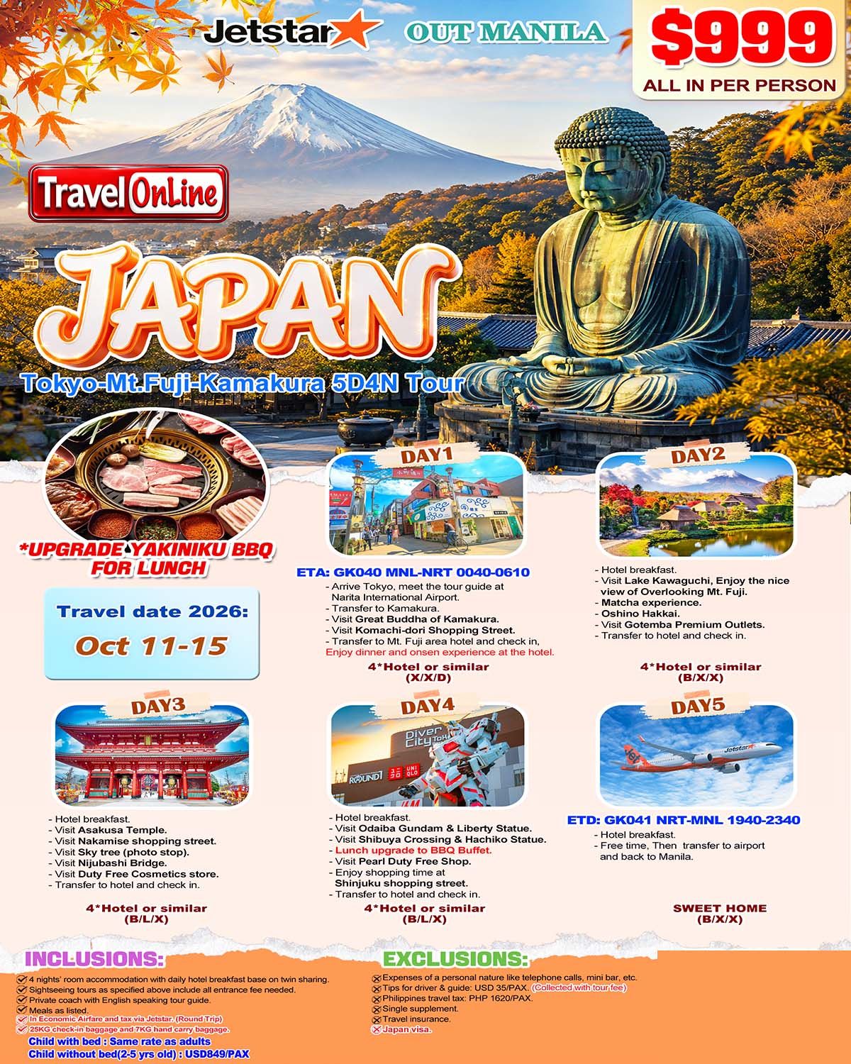 Tokyo+Mt.Fuji+Kamakura 5D4N (Via Jetstar), 2026: AS LOW AS $999/PAX promo image