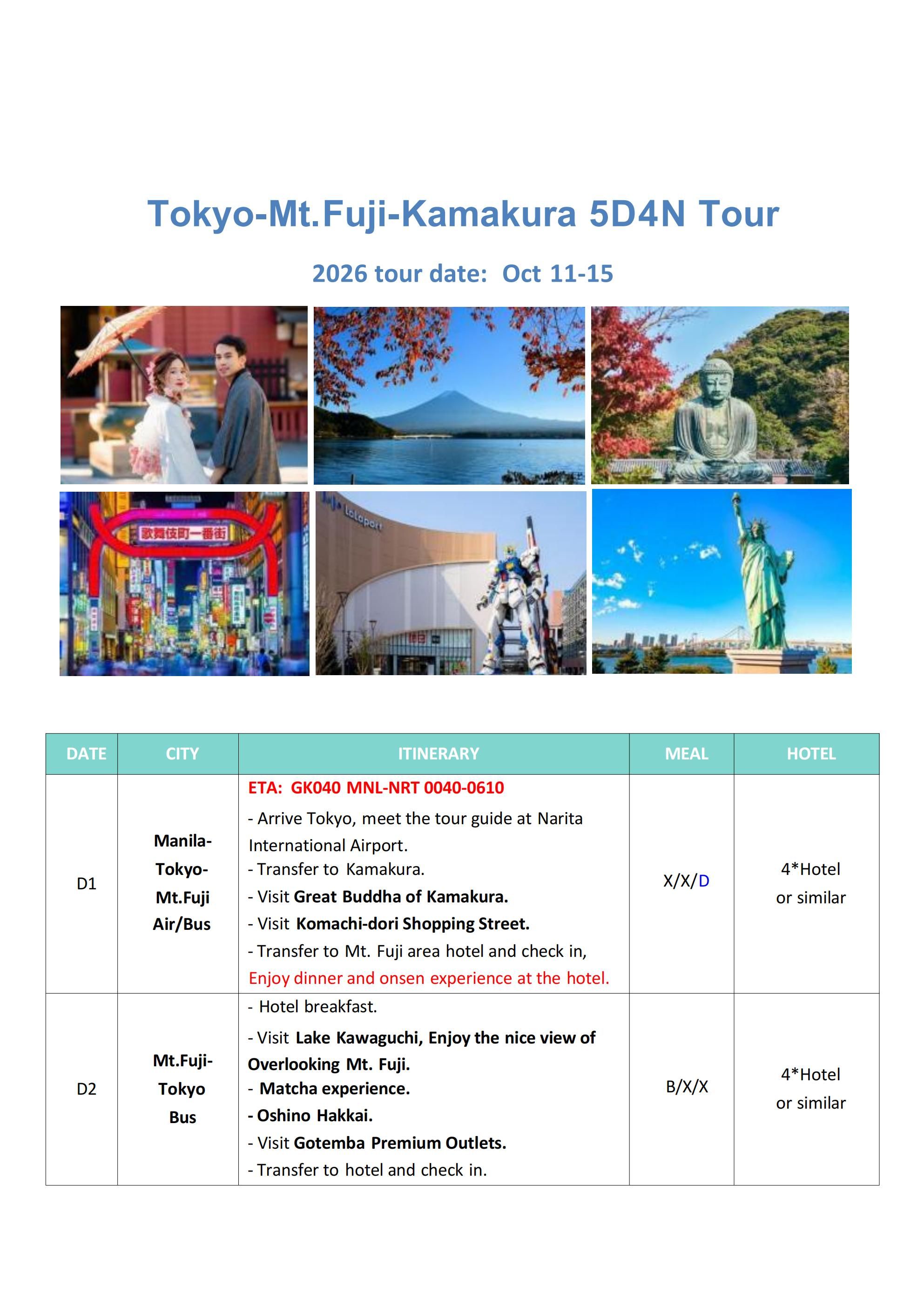 Tokyo+Mt.Fuji+Kamakura 5D4N (Via Jetstar), 2026: AS LOW AS $999/PAX itinerary