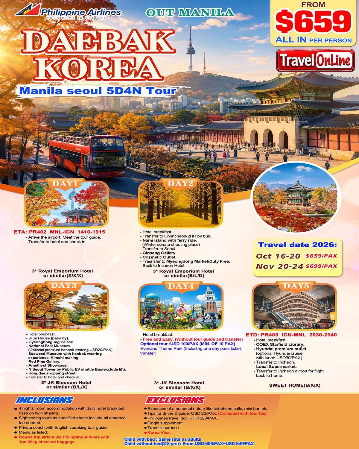 Manila Seoul 5D4N (VIA PAL) , 2026: AS LOW AS $659/PAX promo image