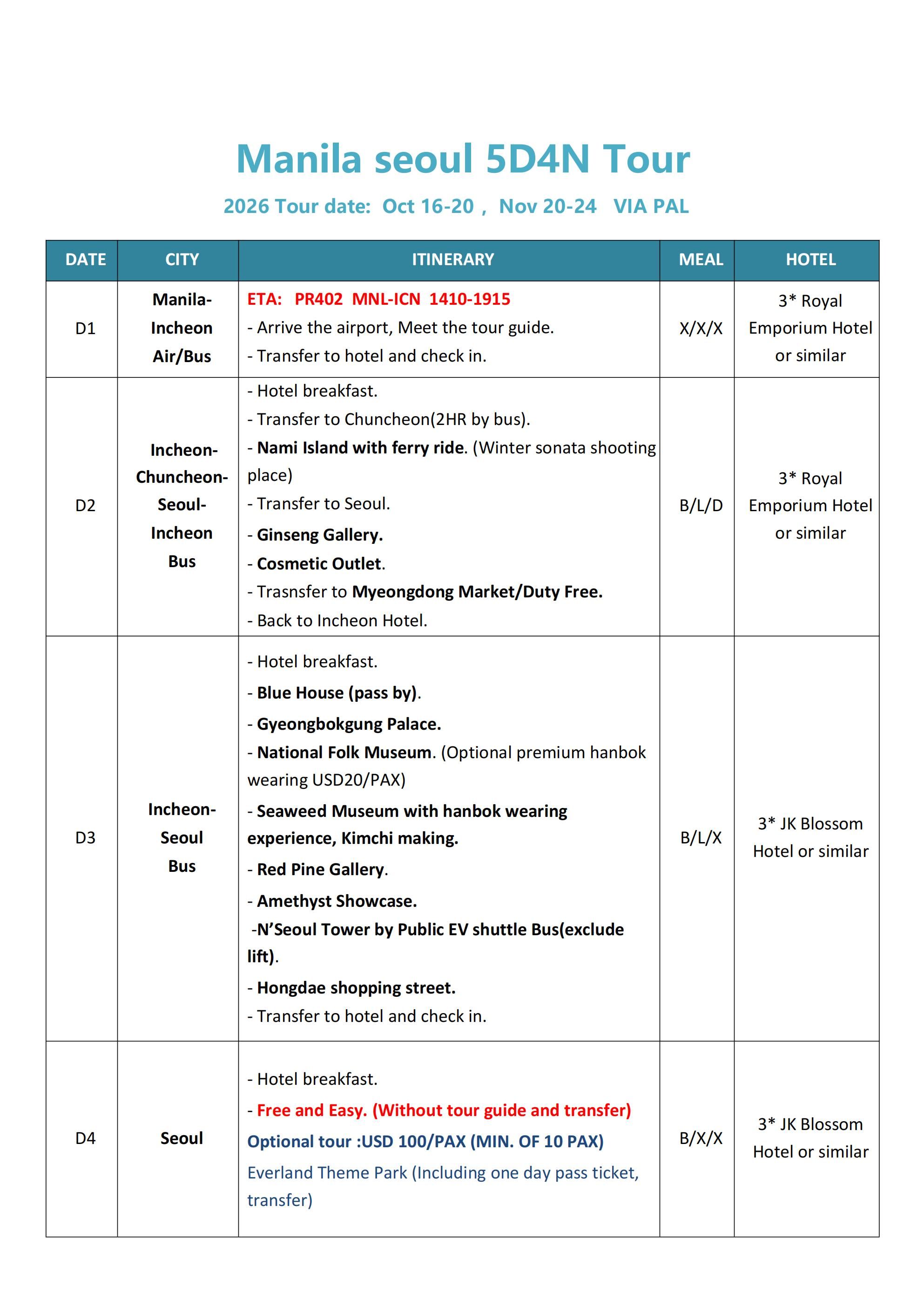 Manila Seoul 5D4N (VIA PAL) , 2026: AS LOW AS $659/PAX itinerary