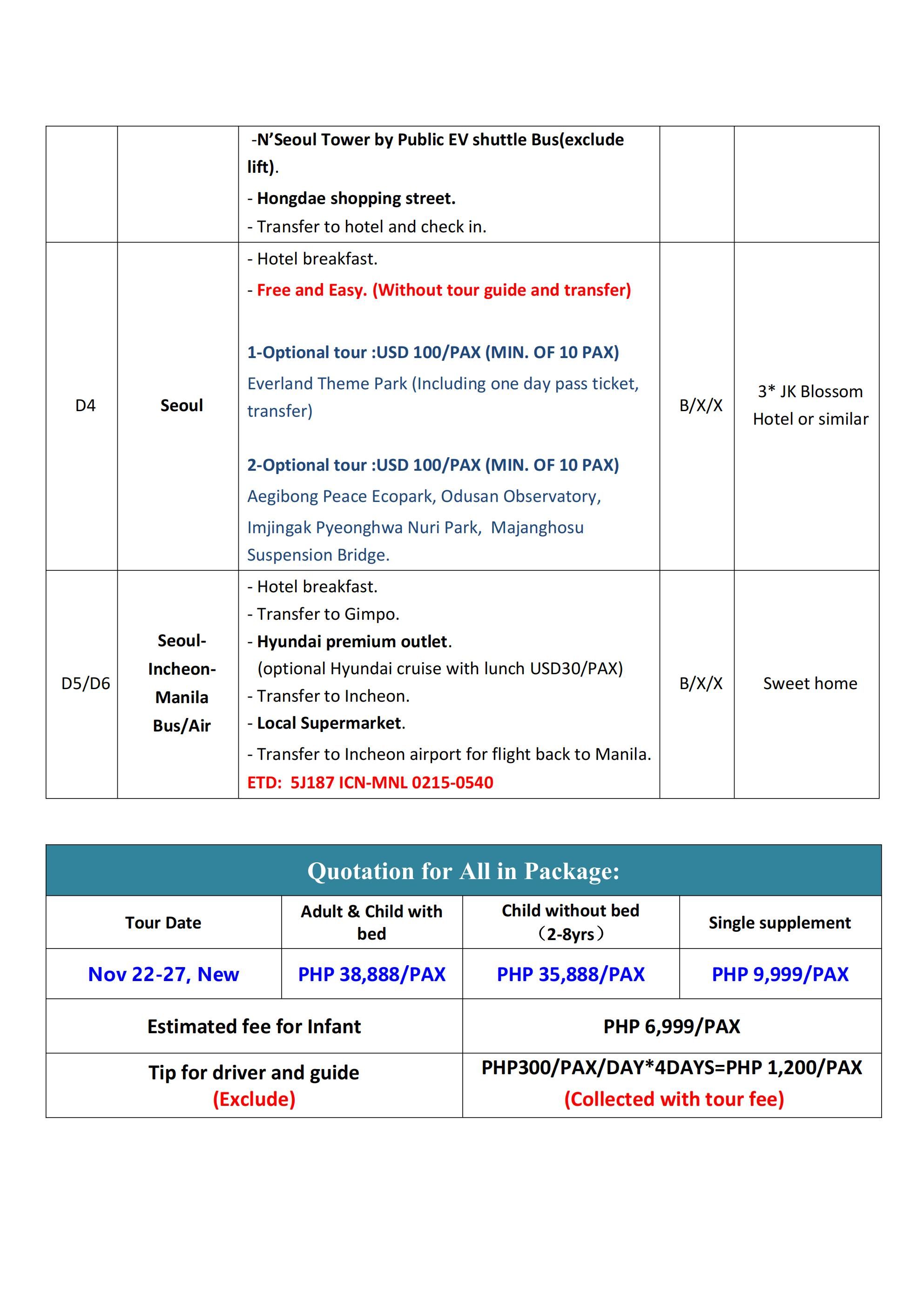 Manila Seoul 6D4N (VIA 5J), 2026: AS LOW AS ₱38888/PAX itinerary
