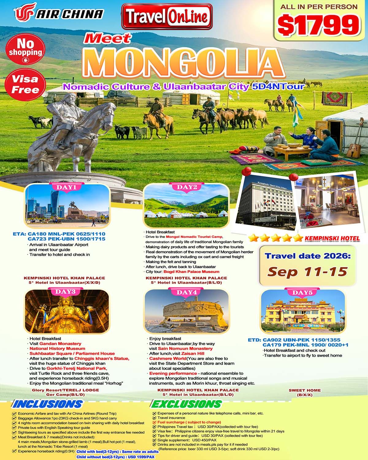 Outer Mongolia(via Peking)5D4N，2026: AS LOW AS $1799/PAX promo image
