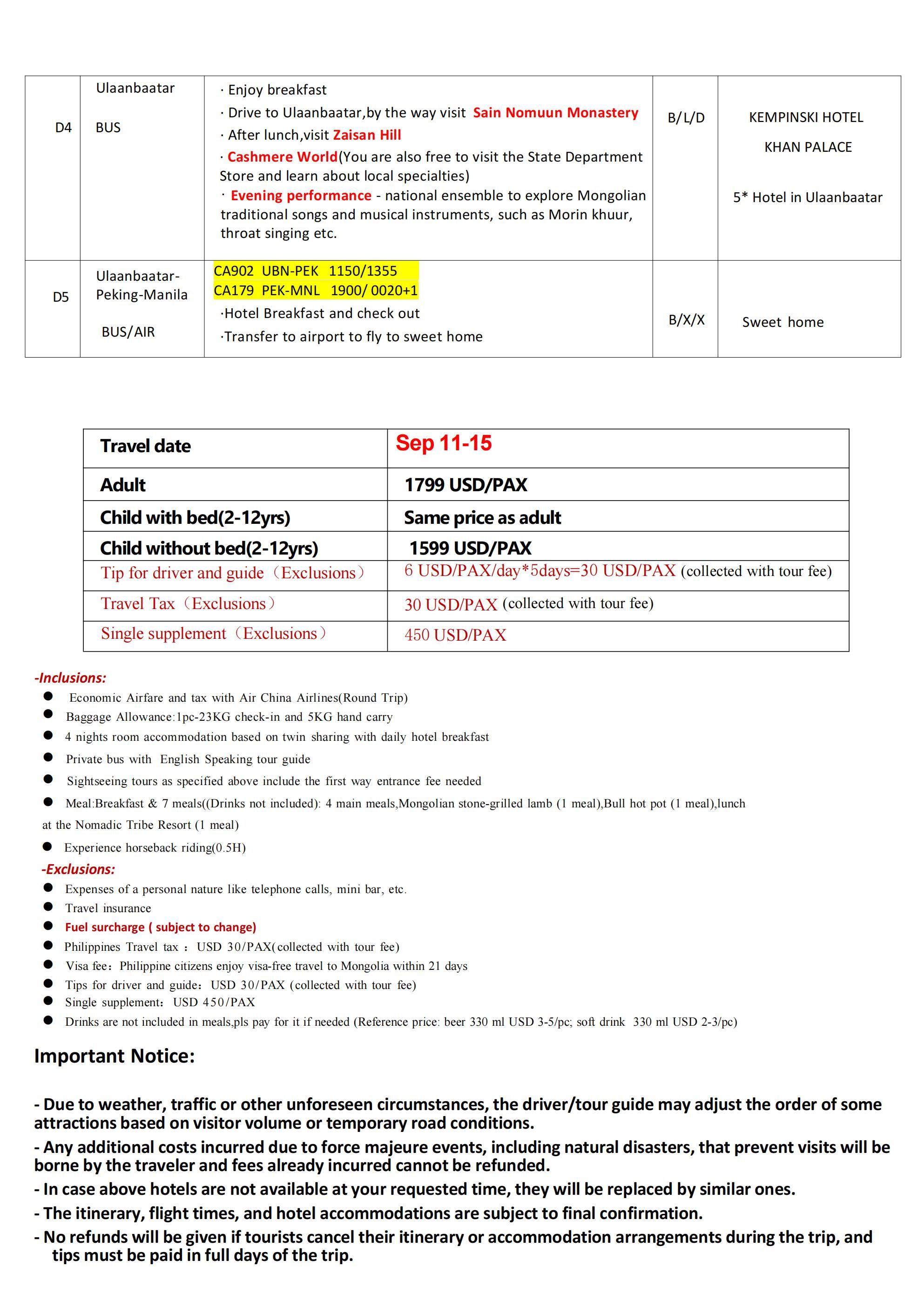 Outer Mongolia(via Peking)5D4N，2026: AS LOW AS $1799/PAX itinerary