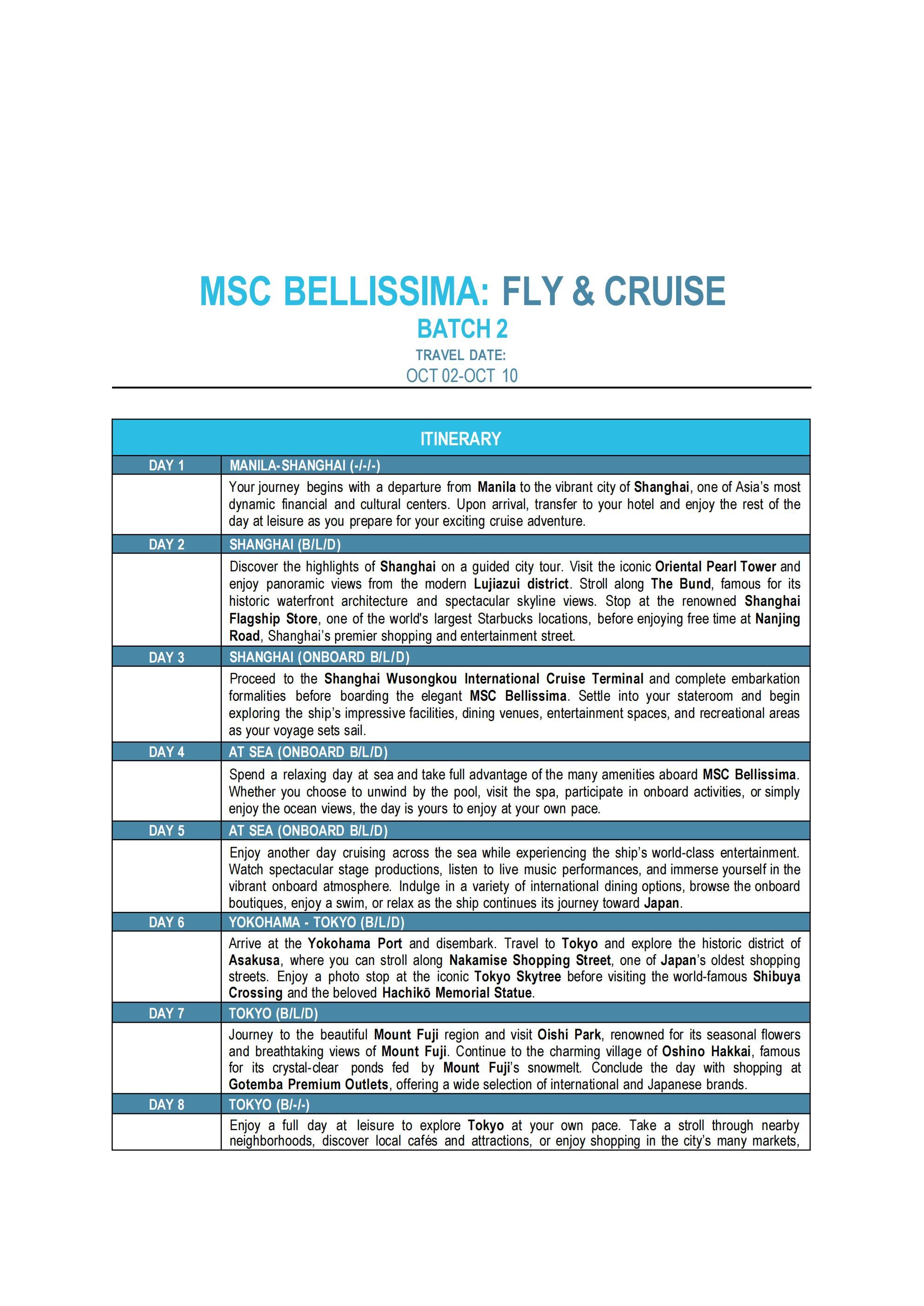 FLY and CRUISE (MSC Bellissima-Batch 2) 2026 : AS LOW AS $1788/PAX itinerary