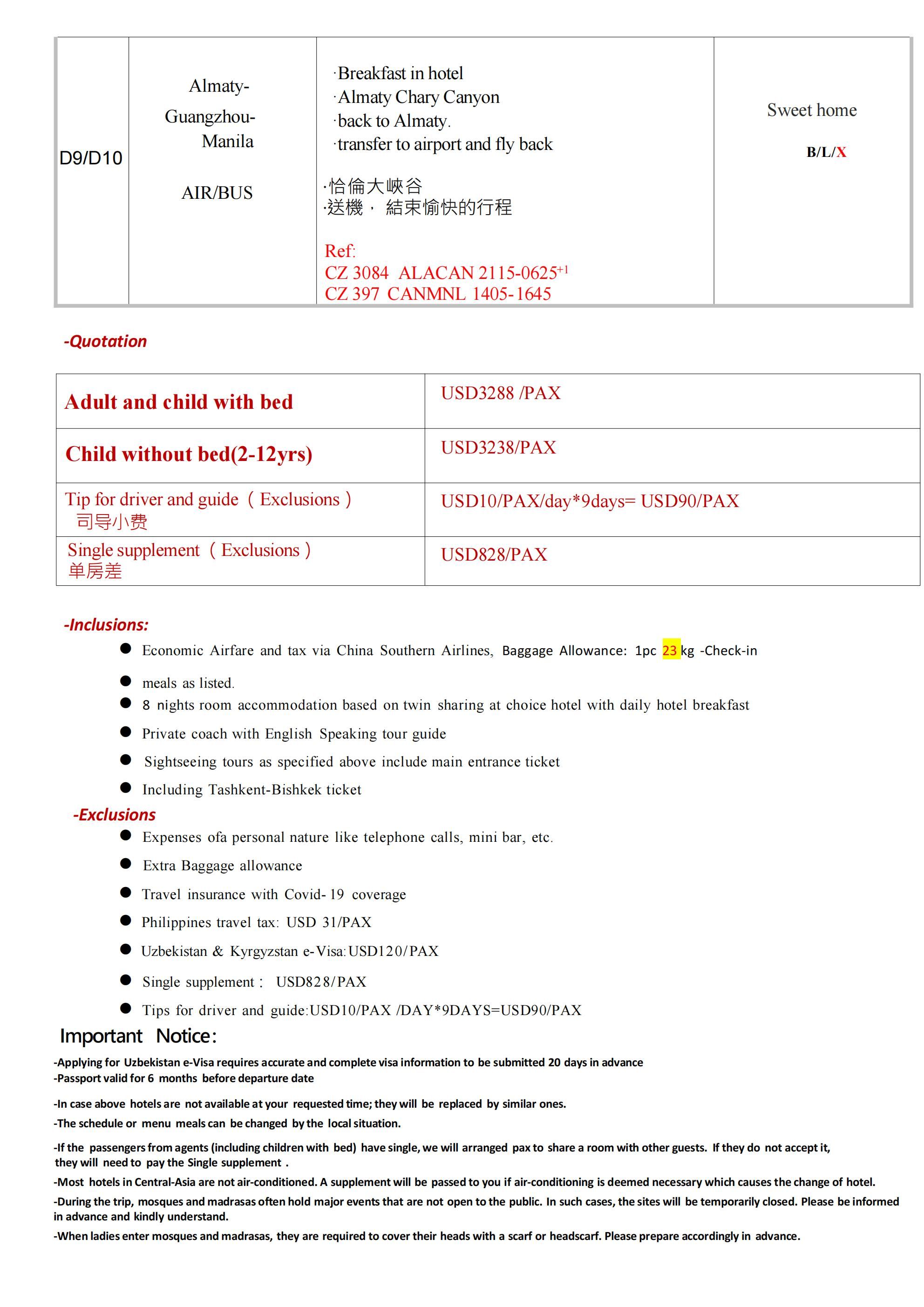 Kazakhstan-Uzbekistan-Kyrgyzstan 10D8N Tour(OUT ALA): AS LOW AS $3288/PAX itinerary