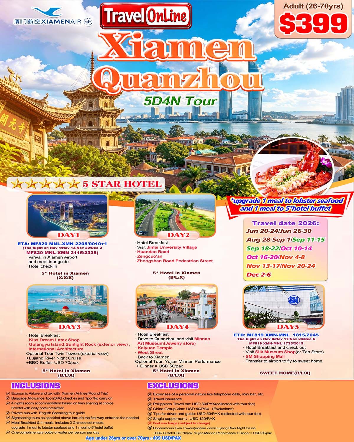 Manila-Xiamen+Quanzhou 5D4N,2026: AS LOW AS $399/PAX promo image