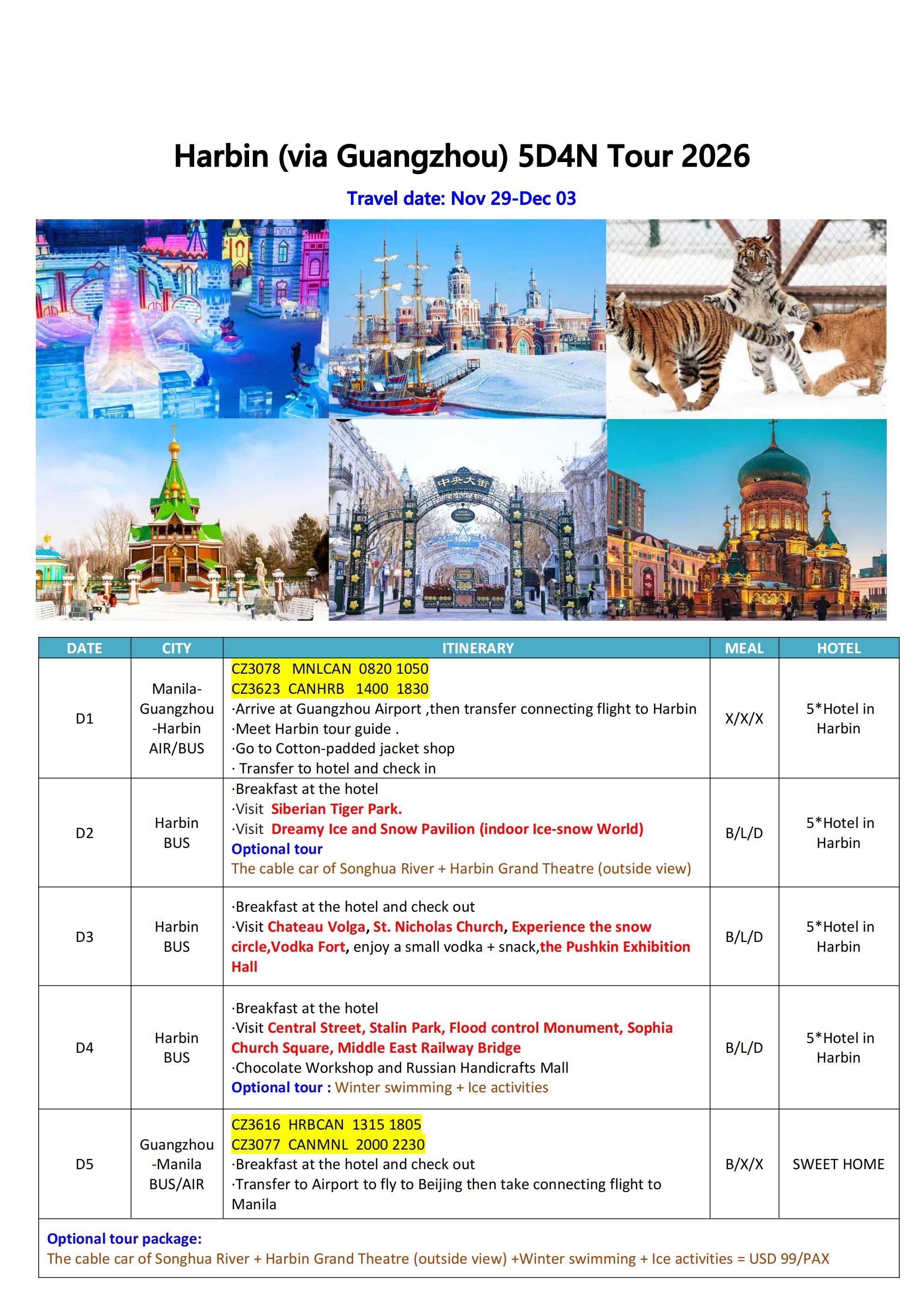 Harbin (via Guangzhou) 5D4N Tour 2026: AS LOW AS $1028/PAX itinerary