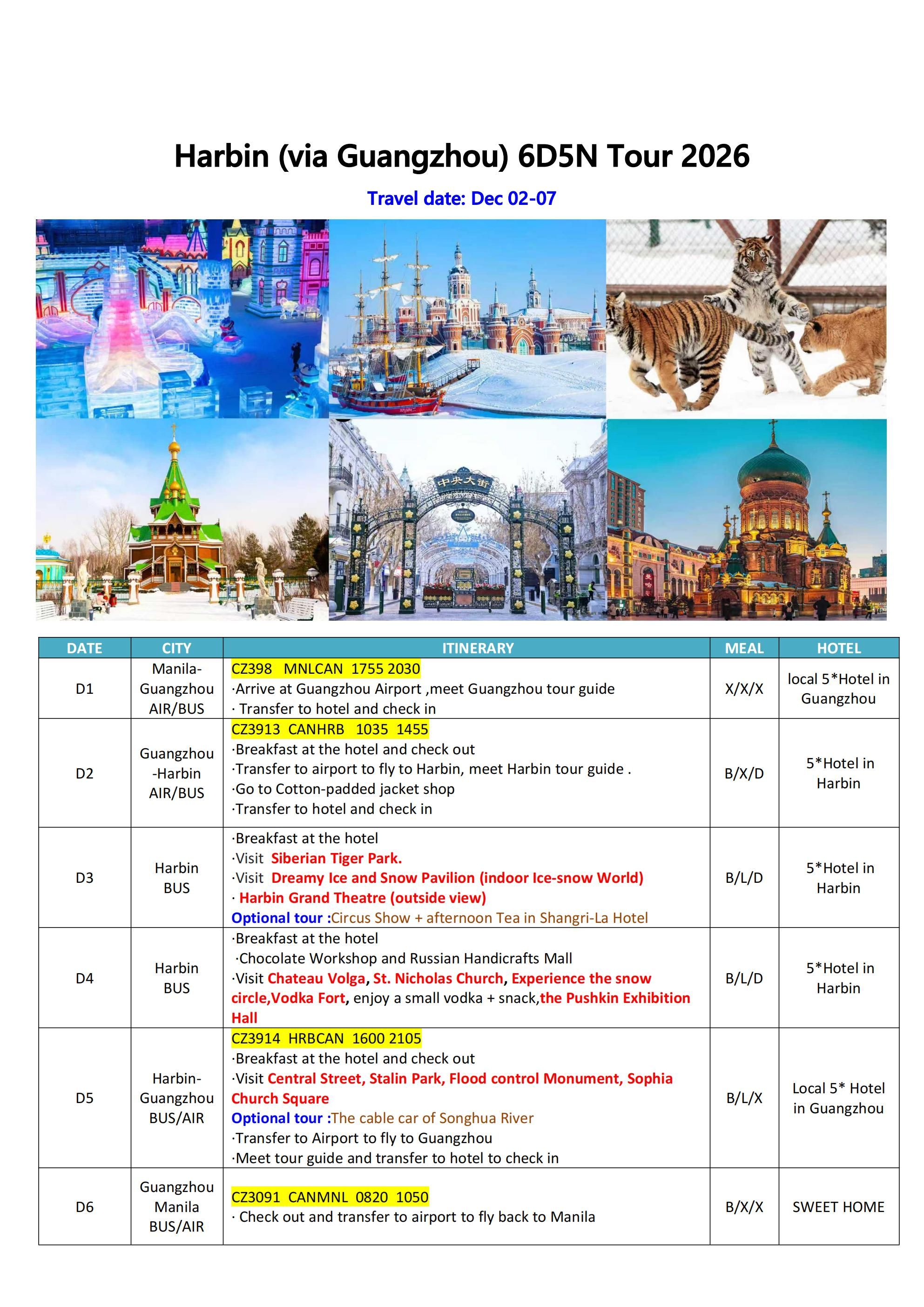 Harbin (via Guangzhou) 6D5N Tour 2026: AS LOW AS $1088/PAX itinerary