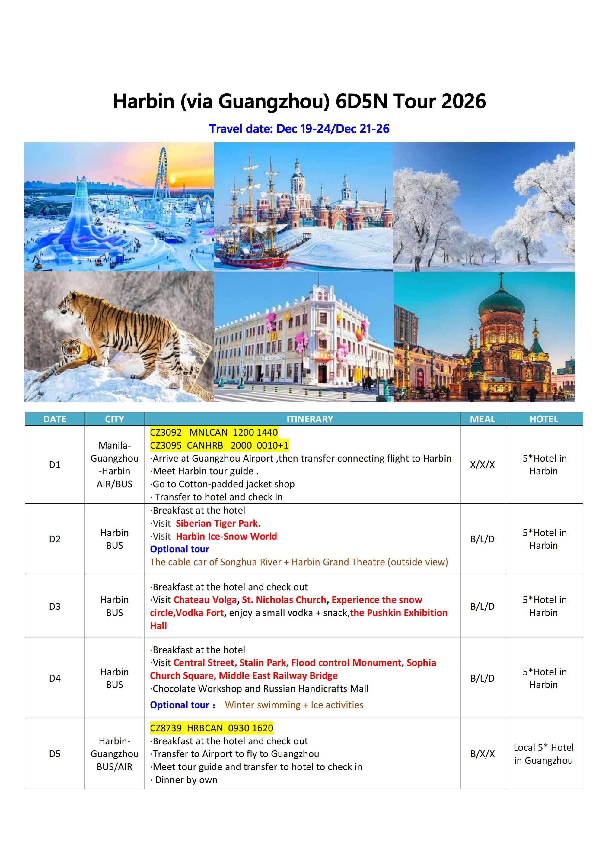 Harbin (via Guangzhou) 6D5N Tour 2026: AS LOW AS $1468/PAX itinerary