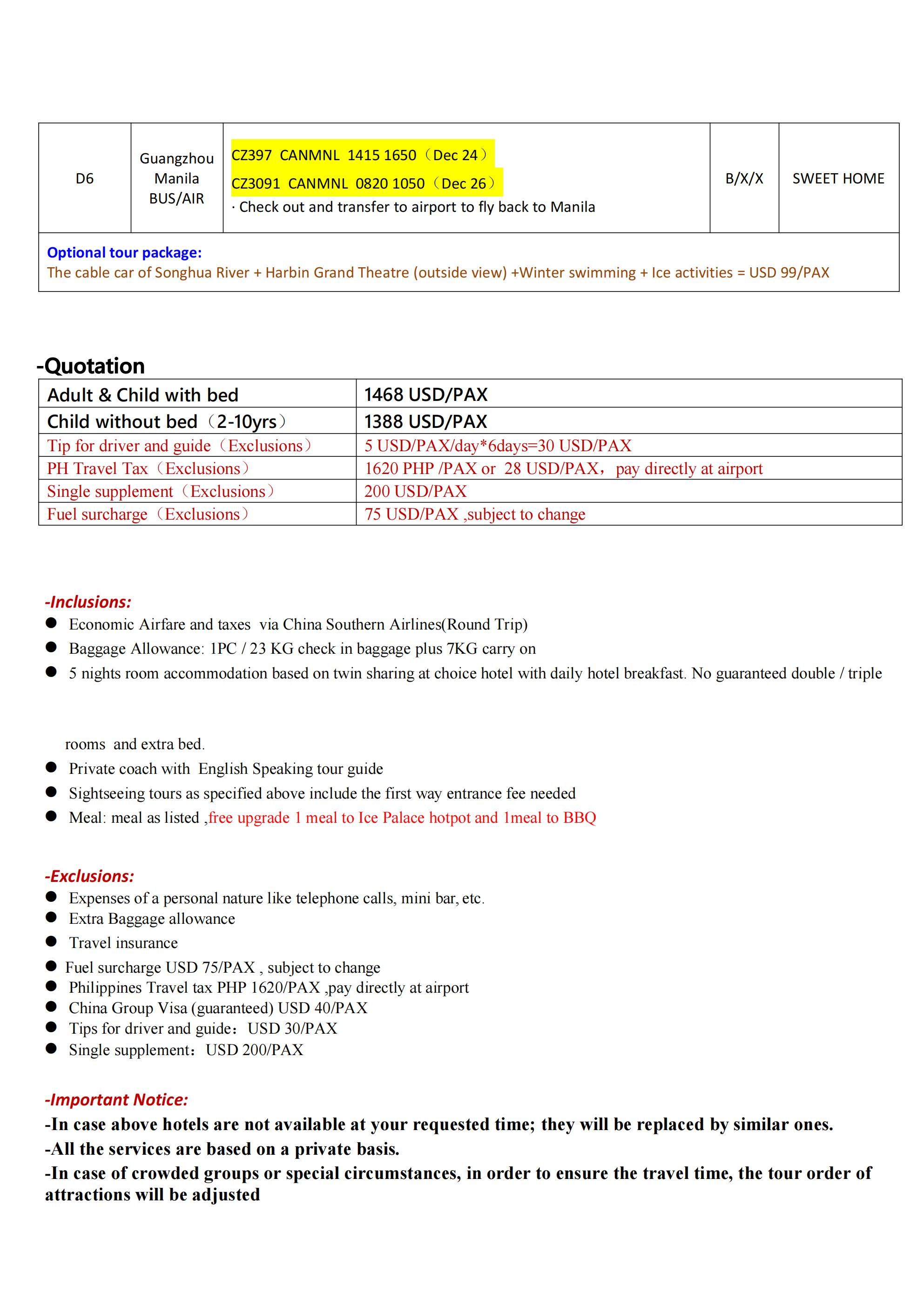 Harbin (via Guangzhou) 6D5N Tour 2026: AS LOW AS $1468/PAX itinerary
