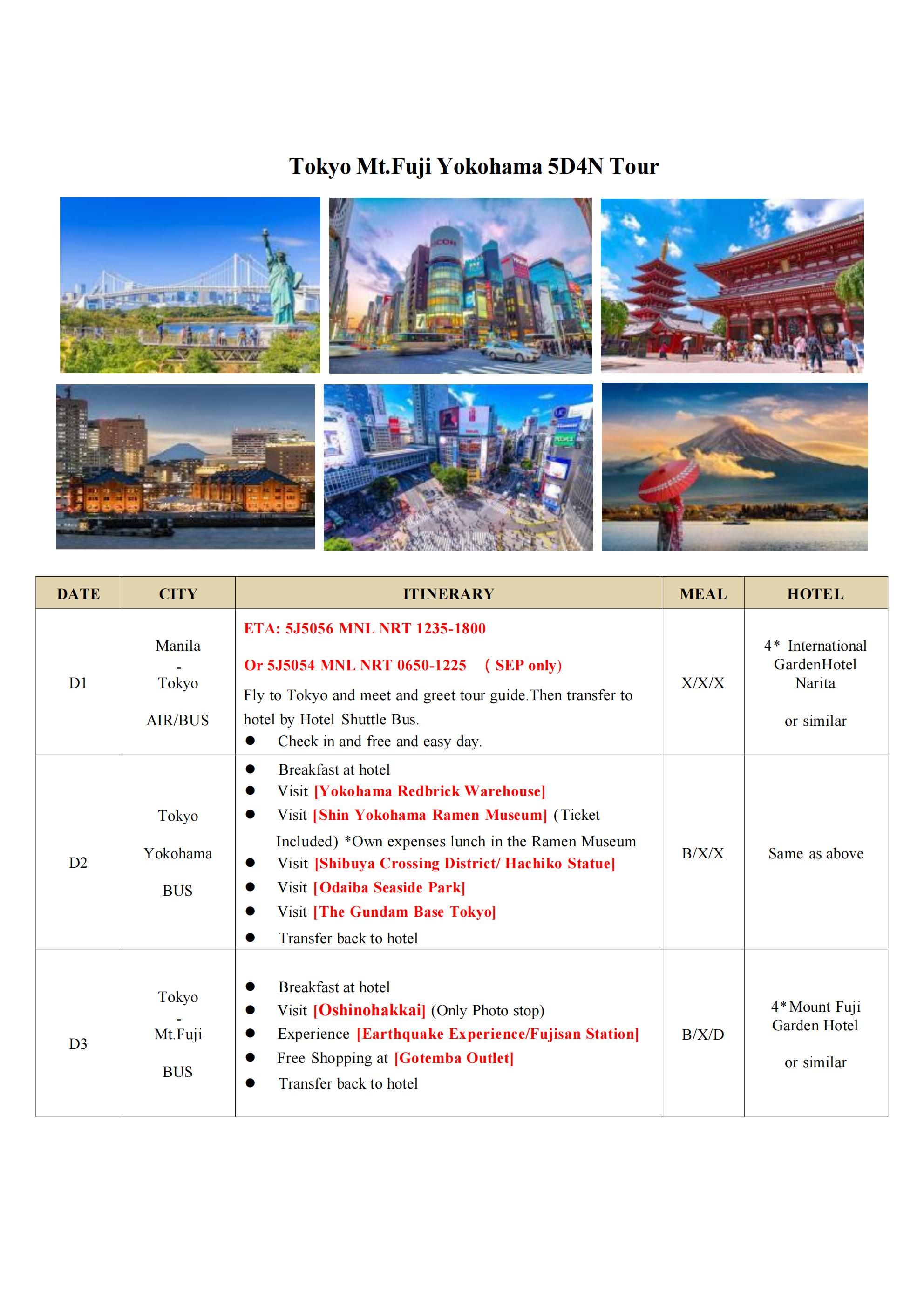 Tokyo Mt.Fuji Yokohama 5D4N Tours: AS LOW AS $1099/PAX itinerary