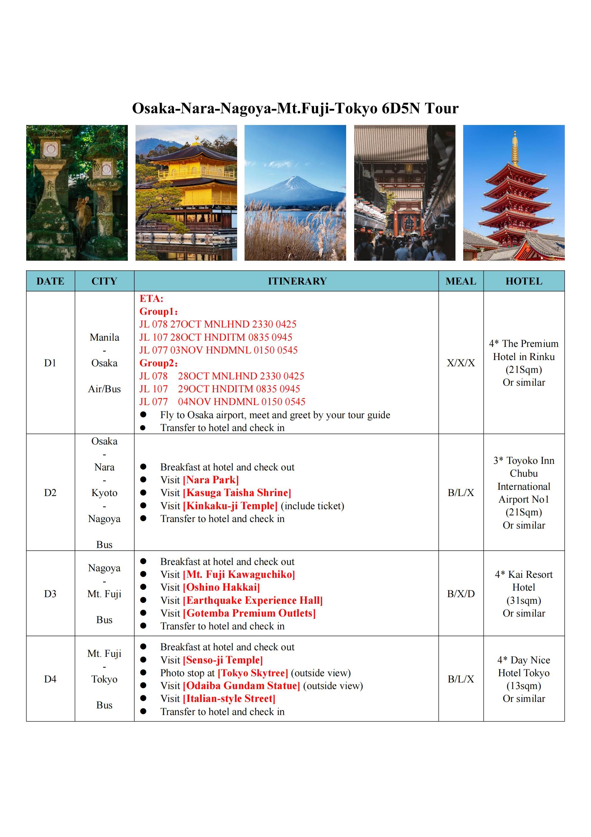 Osaka-Nara-Nagoya-Mt.Fuji-Tokyo-6D5N-Tour: AS LOW AS $1449/PAX itinerary