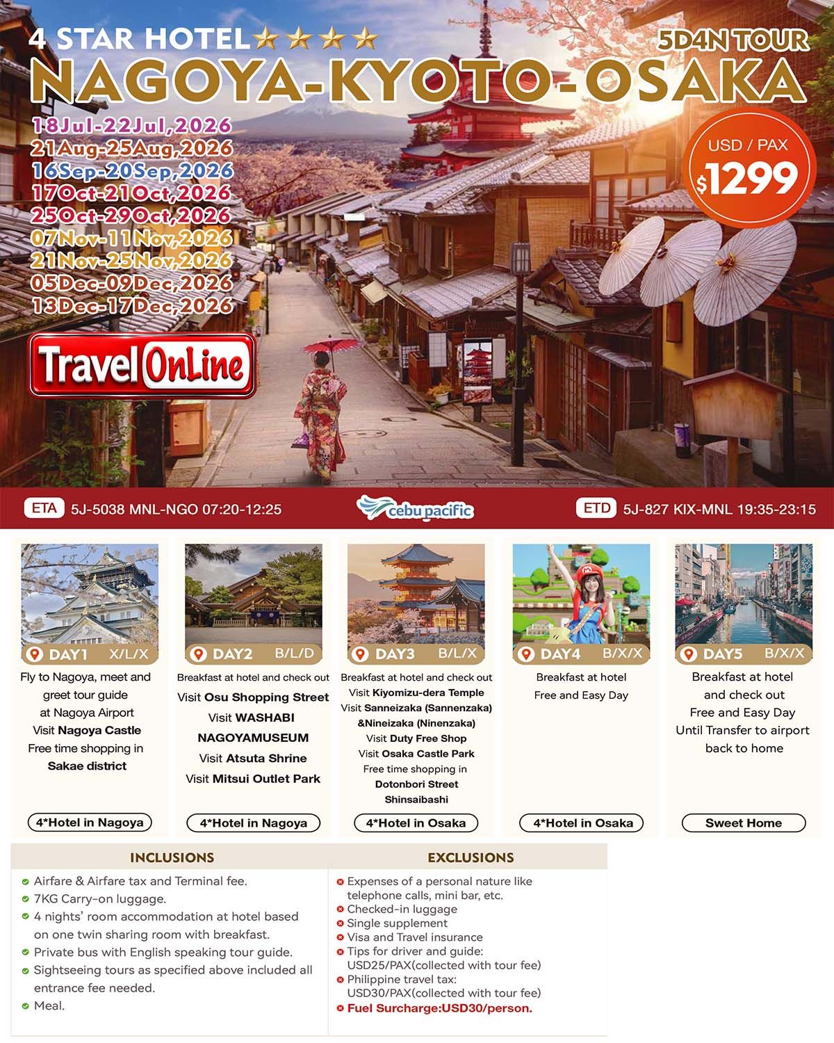 Nagoya-Kyoto-Osaka  5D4N Tour: AS LOW AS $1299/PAX promo image