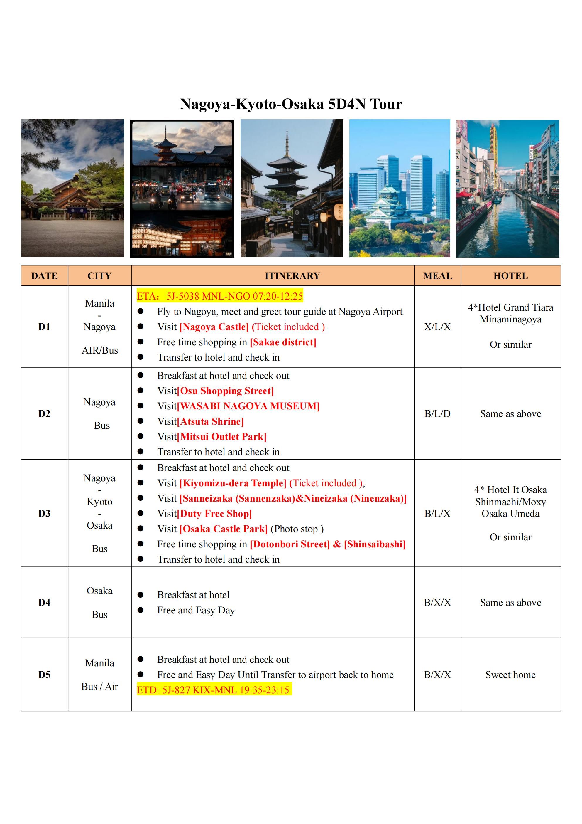 Nagoya-Kyoto-Osaka  5D4N Tour: AS LOW AS $1299/PAX itinerary