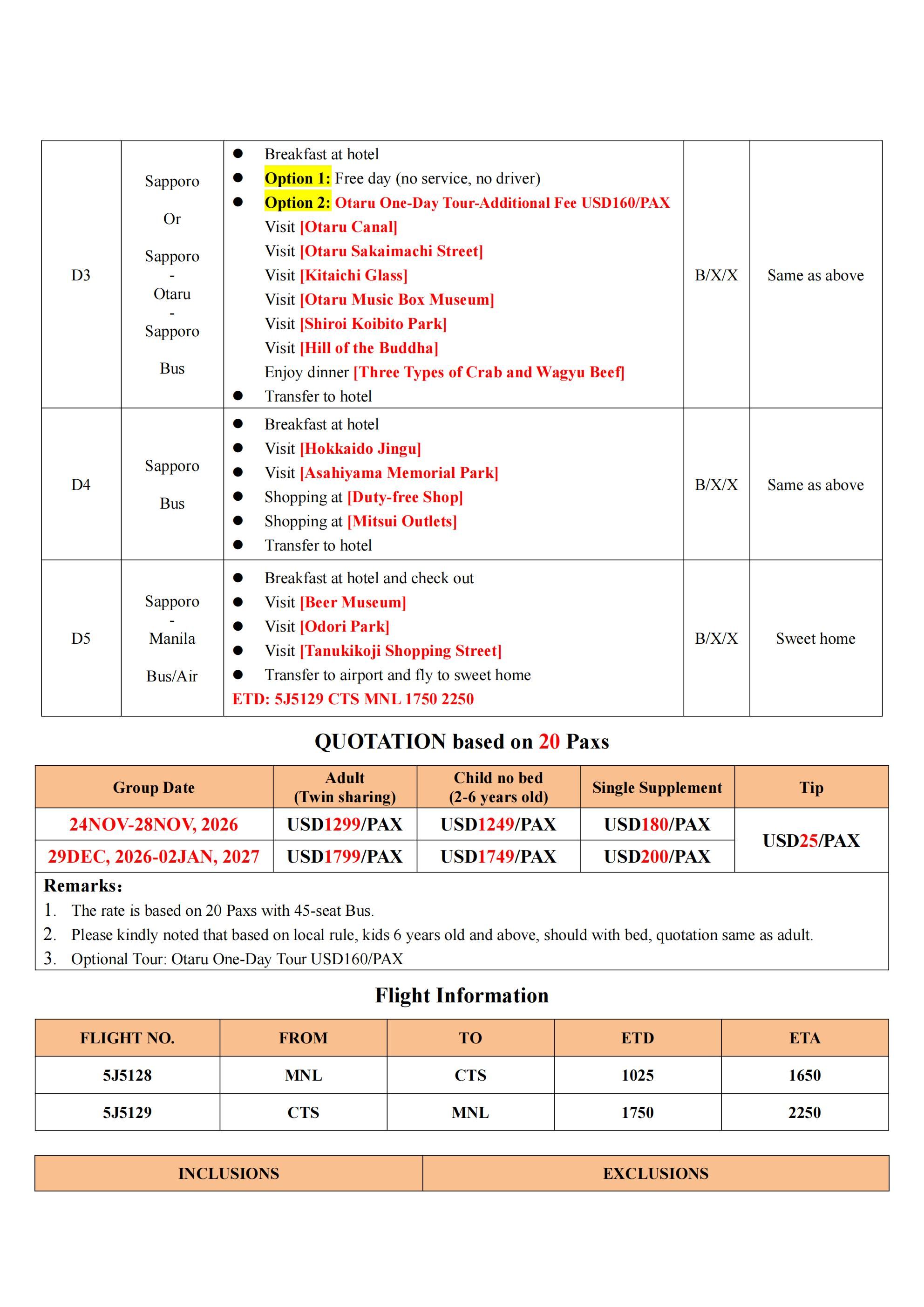 Hokkaido 5D4N Tour-5J(winter): AS LOW AS $1799/PAX itinerary