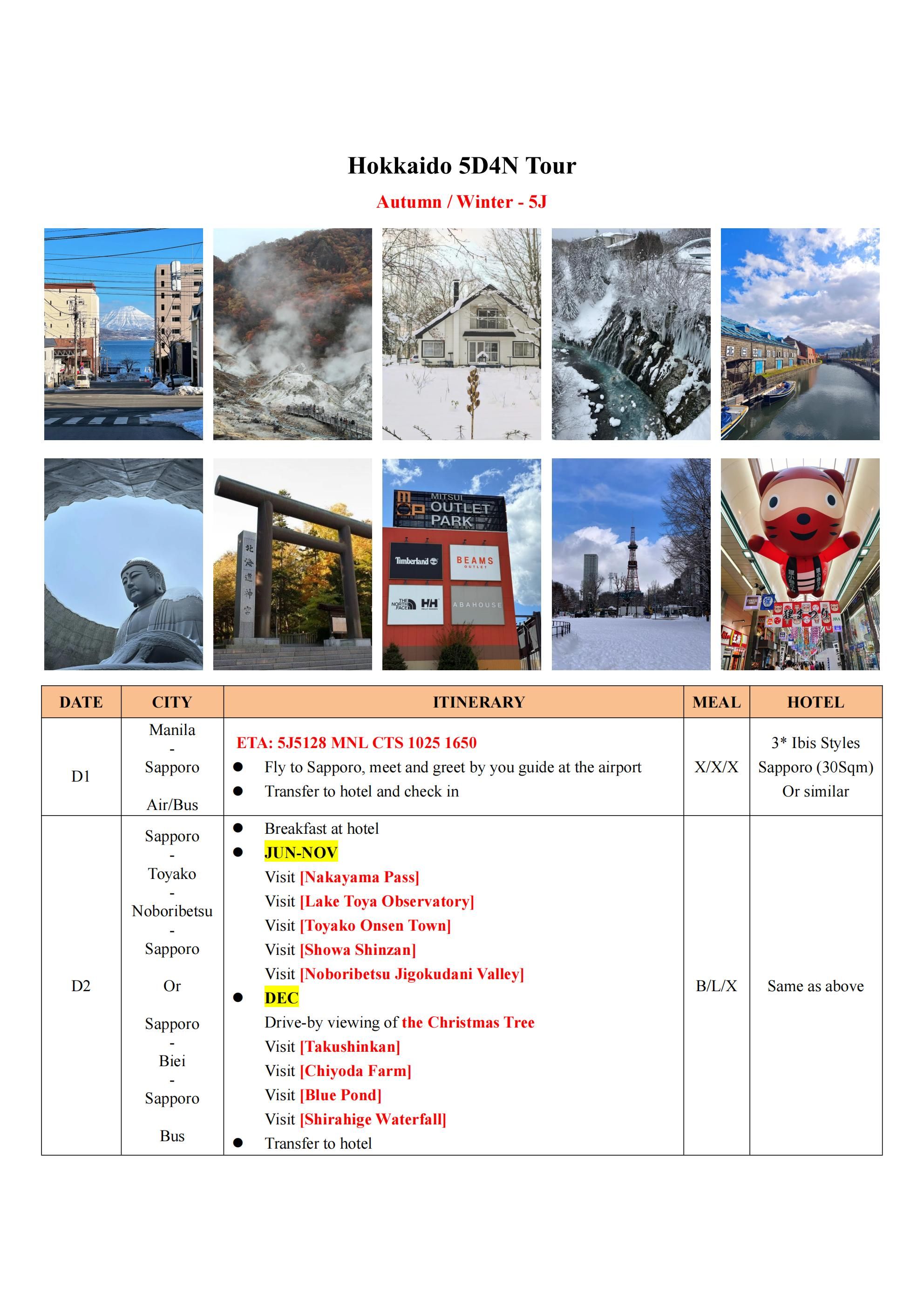 Hokkaido 5D4N Tour-5J(winter): AS LOW AS $1799/PAX itinerary