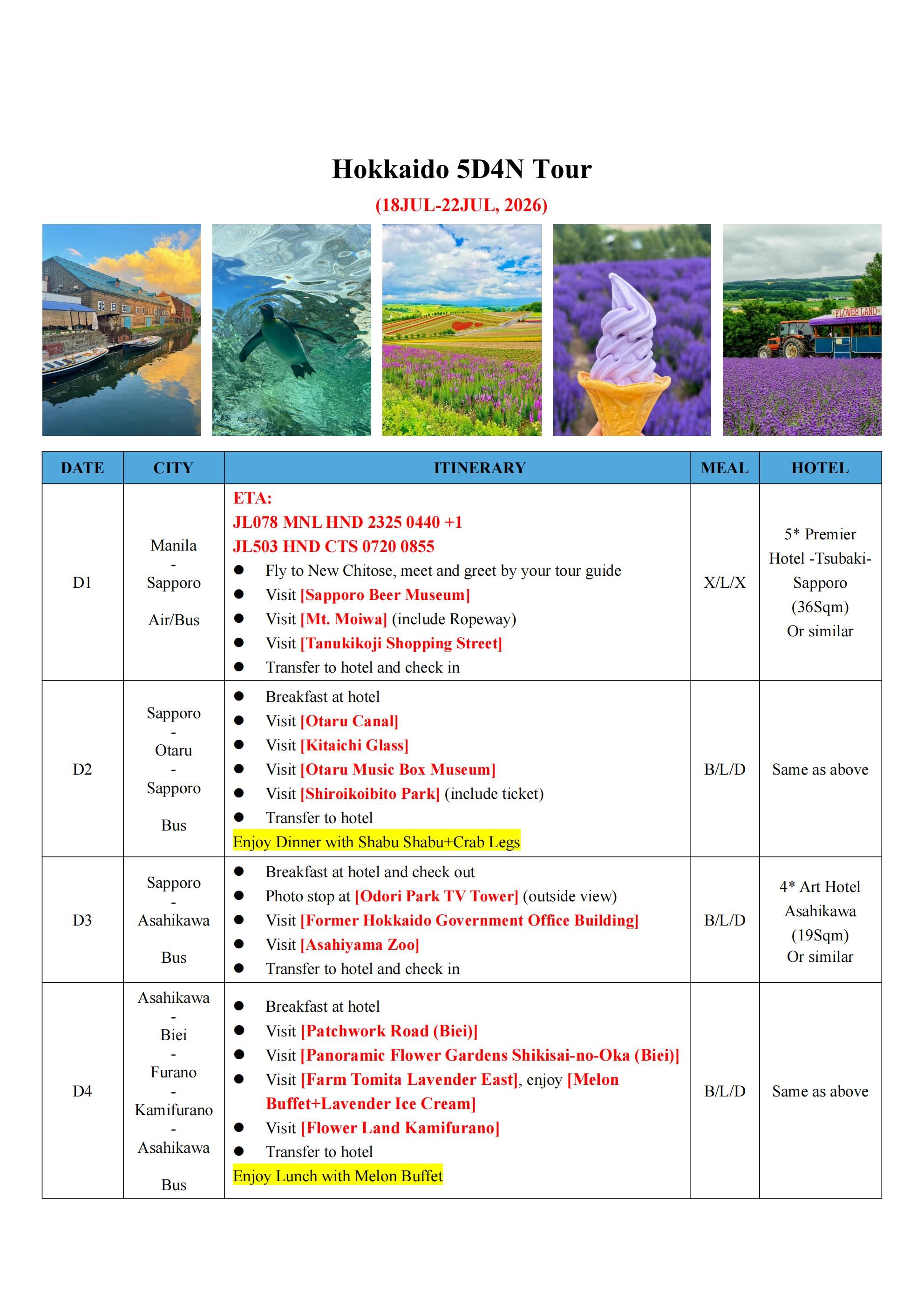 Hokkaido-5D4N-Tour-JUL: AS LOW AS $2088/PAX itinerary