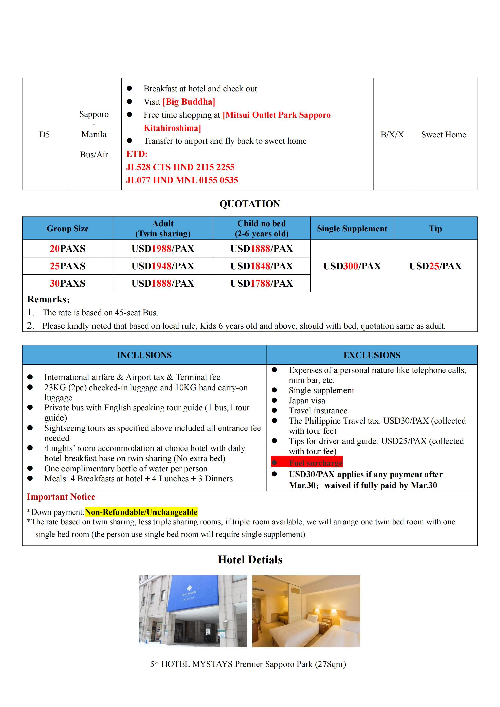 Hokkaido 5D4N Tour-DEC: AS LOW AS $1888/PAX itinerary