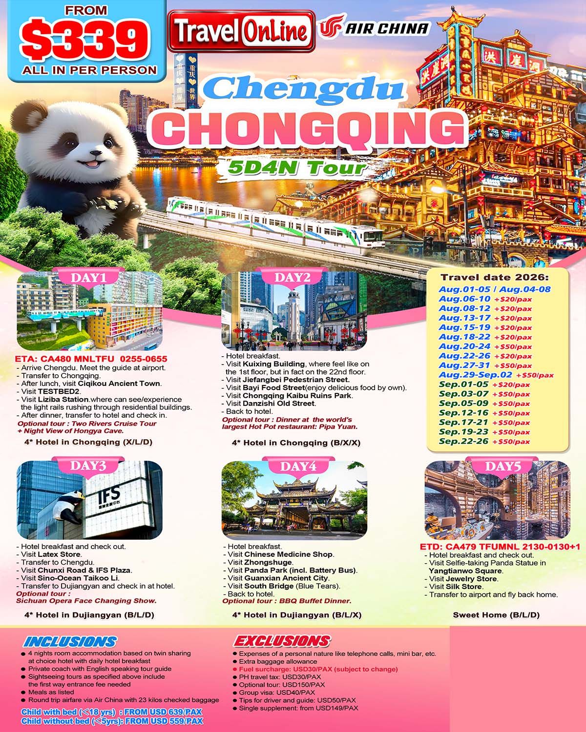 Chongqing+Chengdu 5D4N (CA), 2026 -TFU in TFU out :  AS LOW AS $339/PAX  promo image