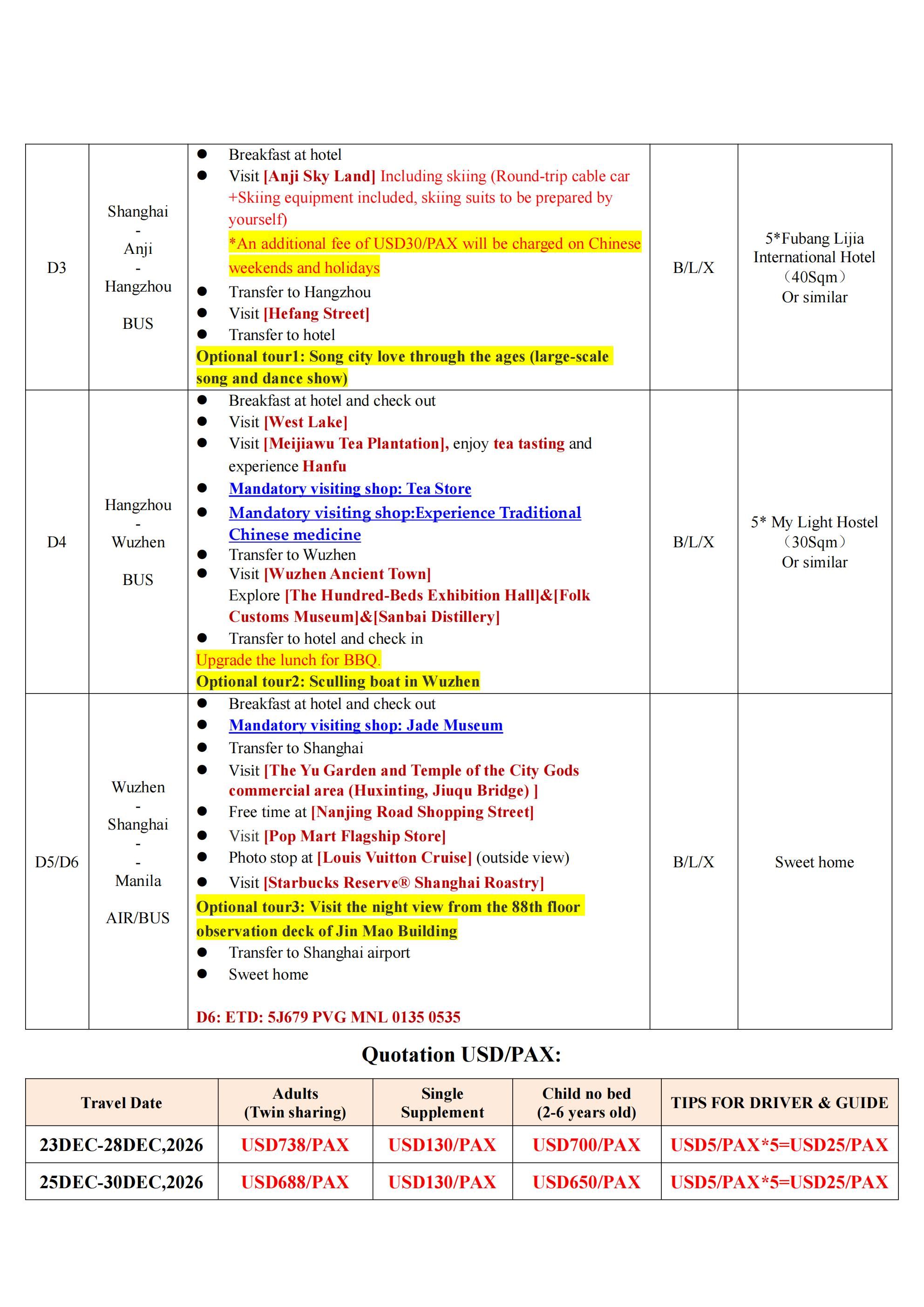 Shanghai winter sikking 6D5N Tour: AS LOW AS $588/PAX itinerary