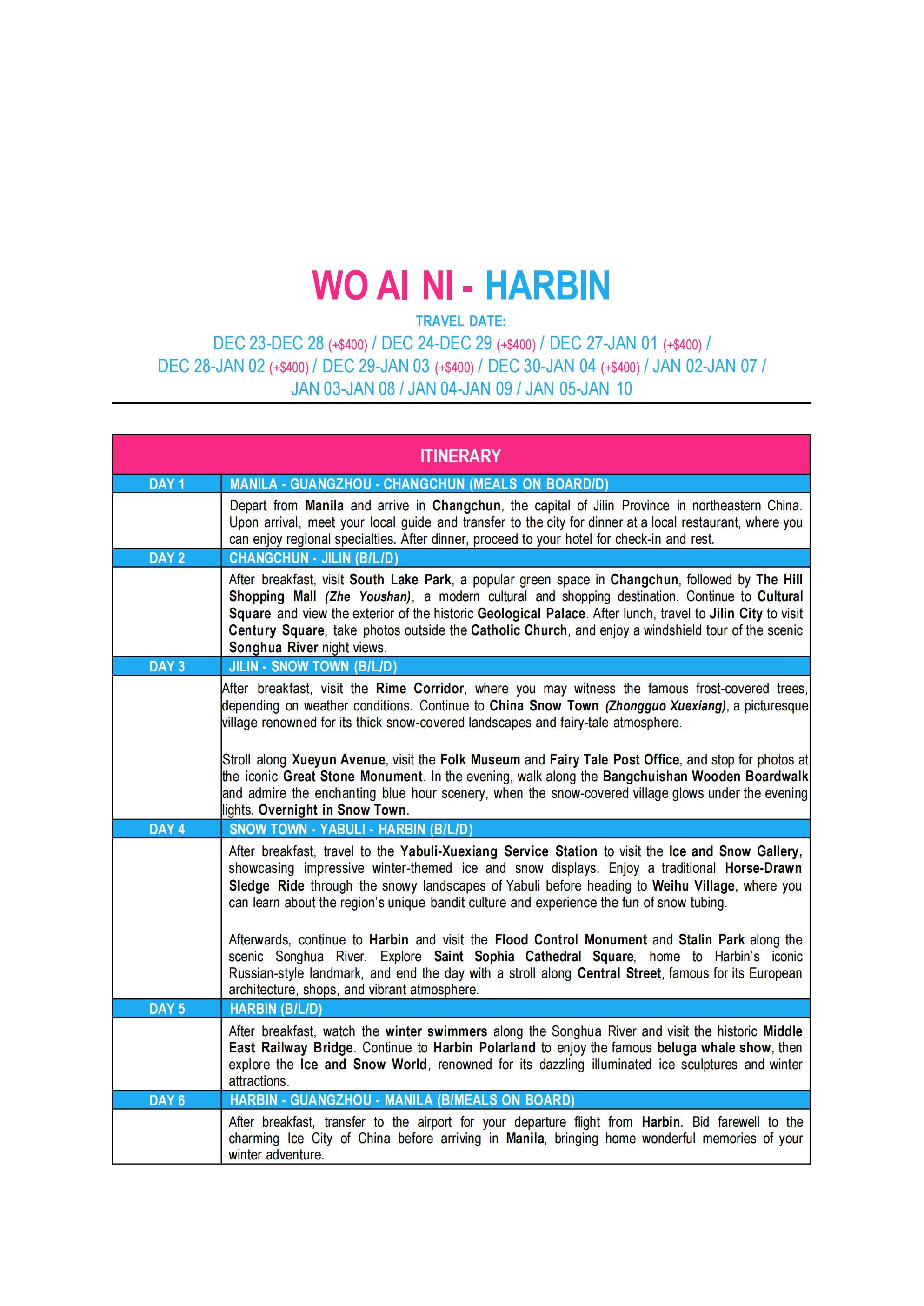 CHINA (Wo Ai Ni-Harbin) 2026-2027: AS LOW AS $1888/PAX itinerary