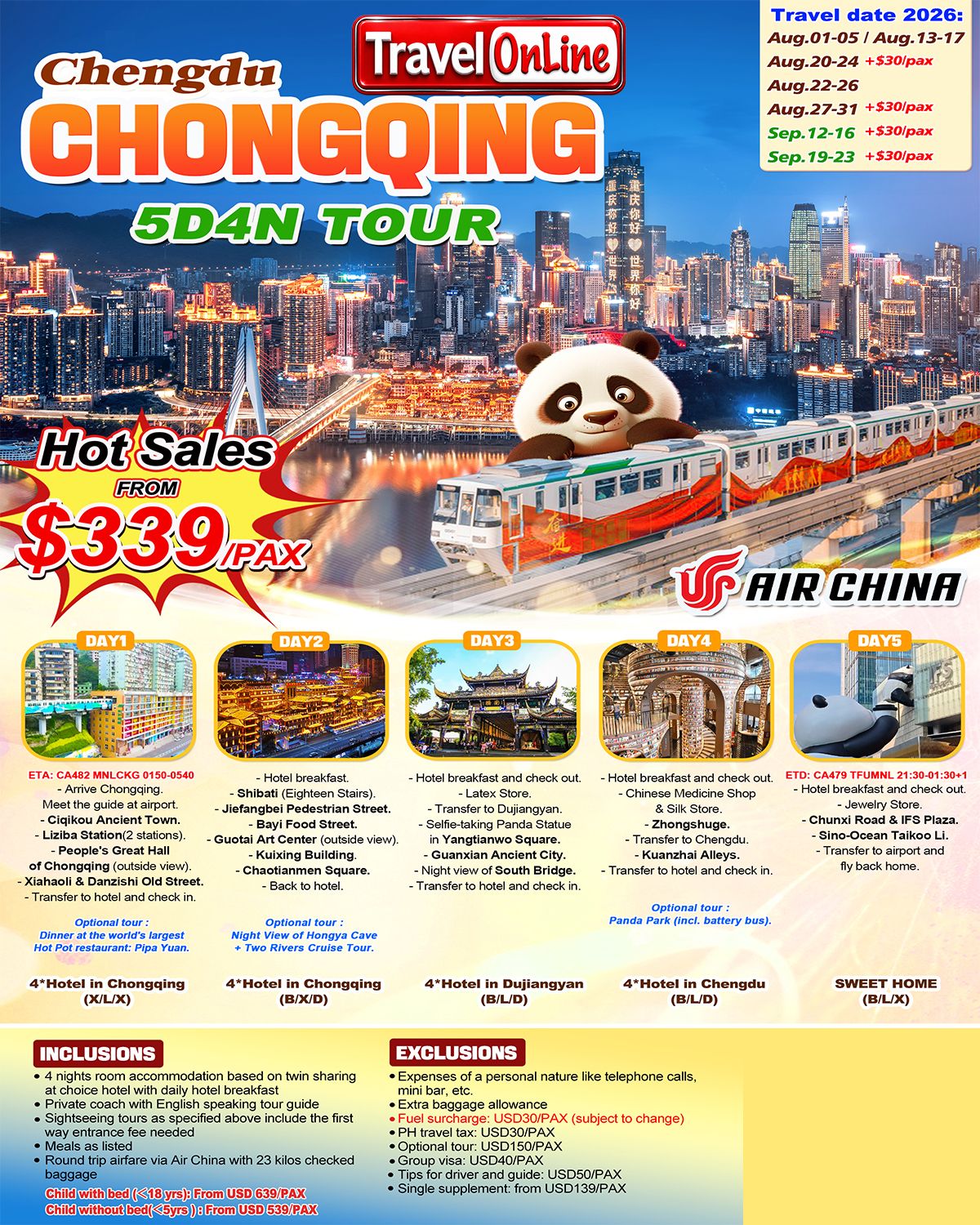 Chongqing+Chengdu 5D4N (CA), 2026 -CKG in TFU out: AS LOW AS $339/PAX promo image