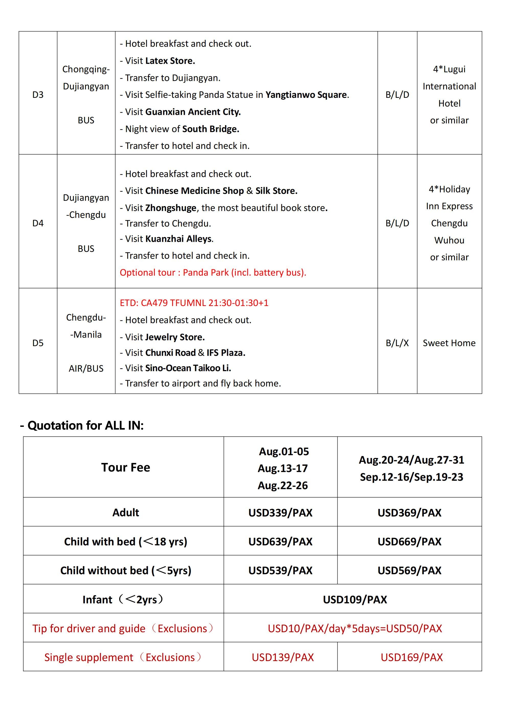 Chongqing+Chengdu 5D4N (CA), 2026 -CKG in TFU out: AS LOW AS $339/PAX itinerary