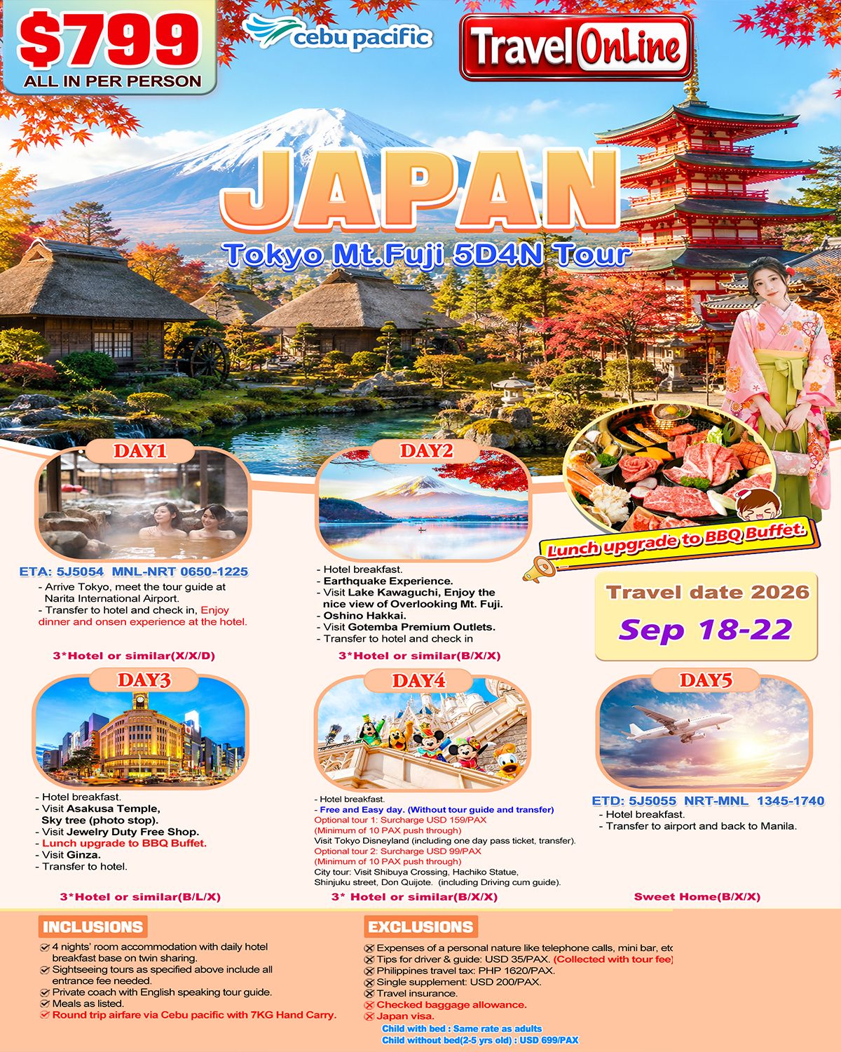 Tokyo+Mt.Fuji 5D4N ，2026 （Via 5J: AS LOW AS $799/PAX promo image