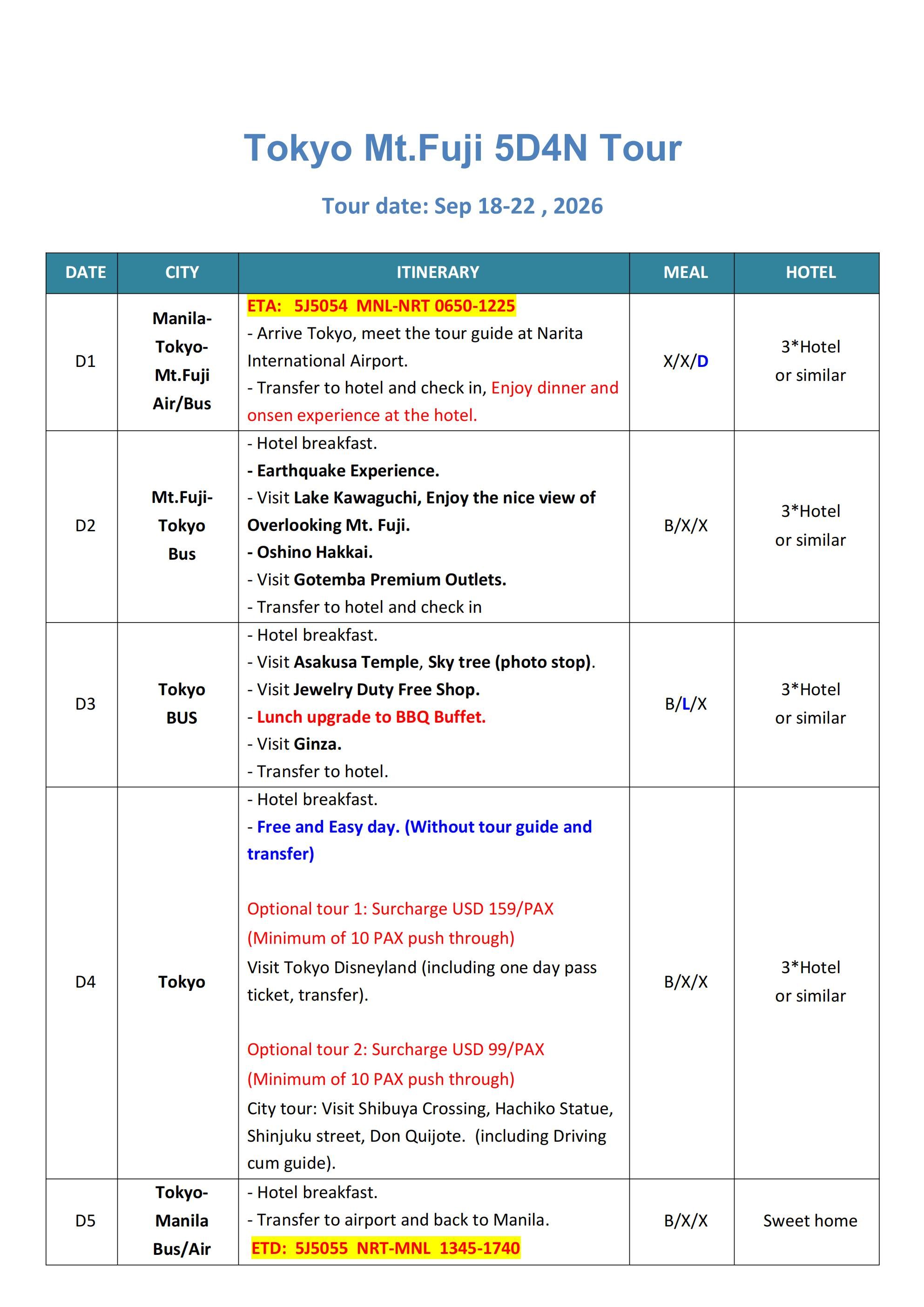 Tokyo+Mt.Fuji 5D4N ，2026 （Via 5J: AS LOW AS $799/PAX itinerary