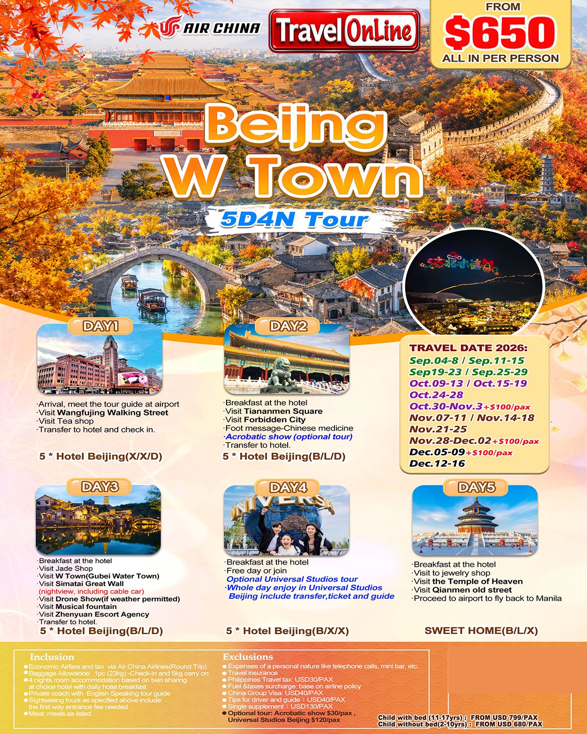 Beijing+W Town 5D4N Tour,2026: AS LOW AS $650/PAX promo image