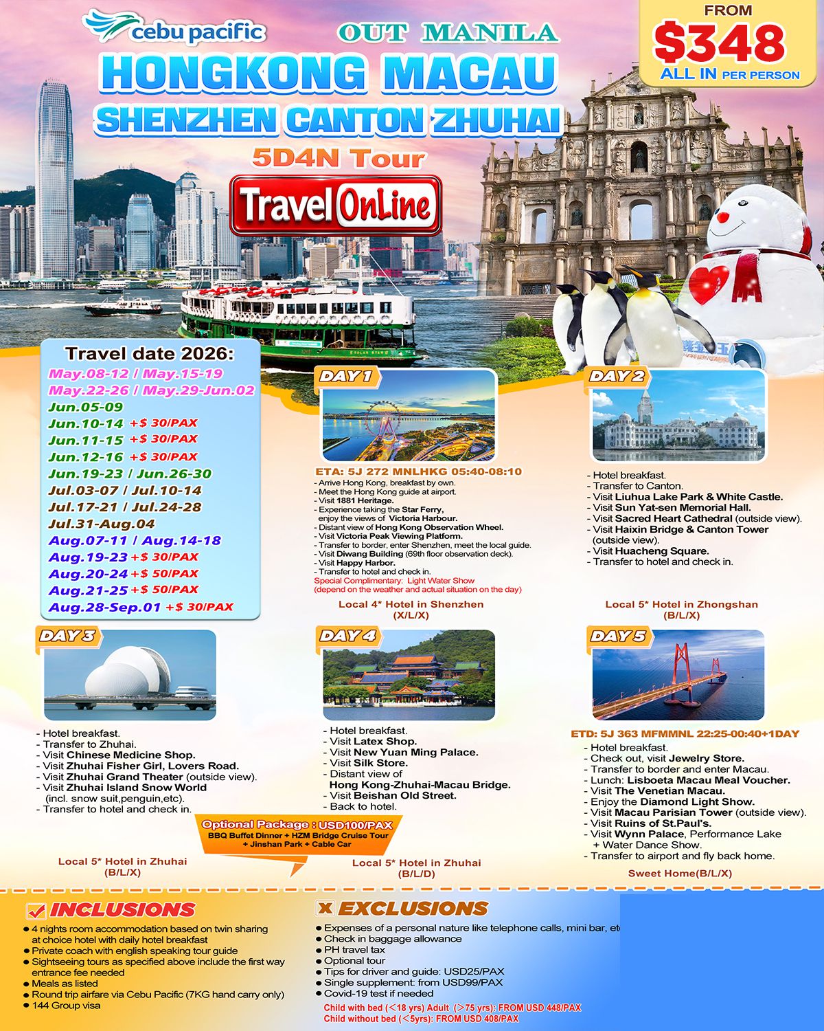 Hongkong-Macau-Shenzhen-Canton-Zhuhai 5D4N Tour via 5J: AS LOW AS $348/PAX promo image