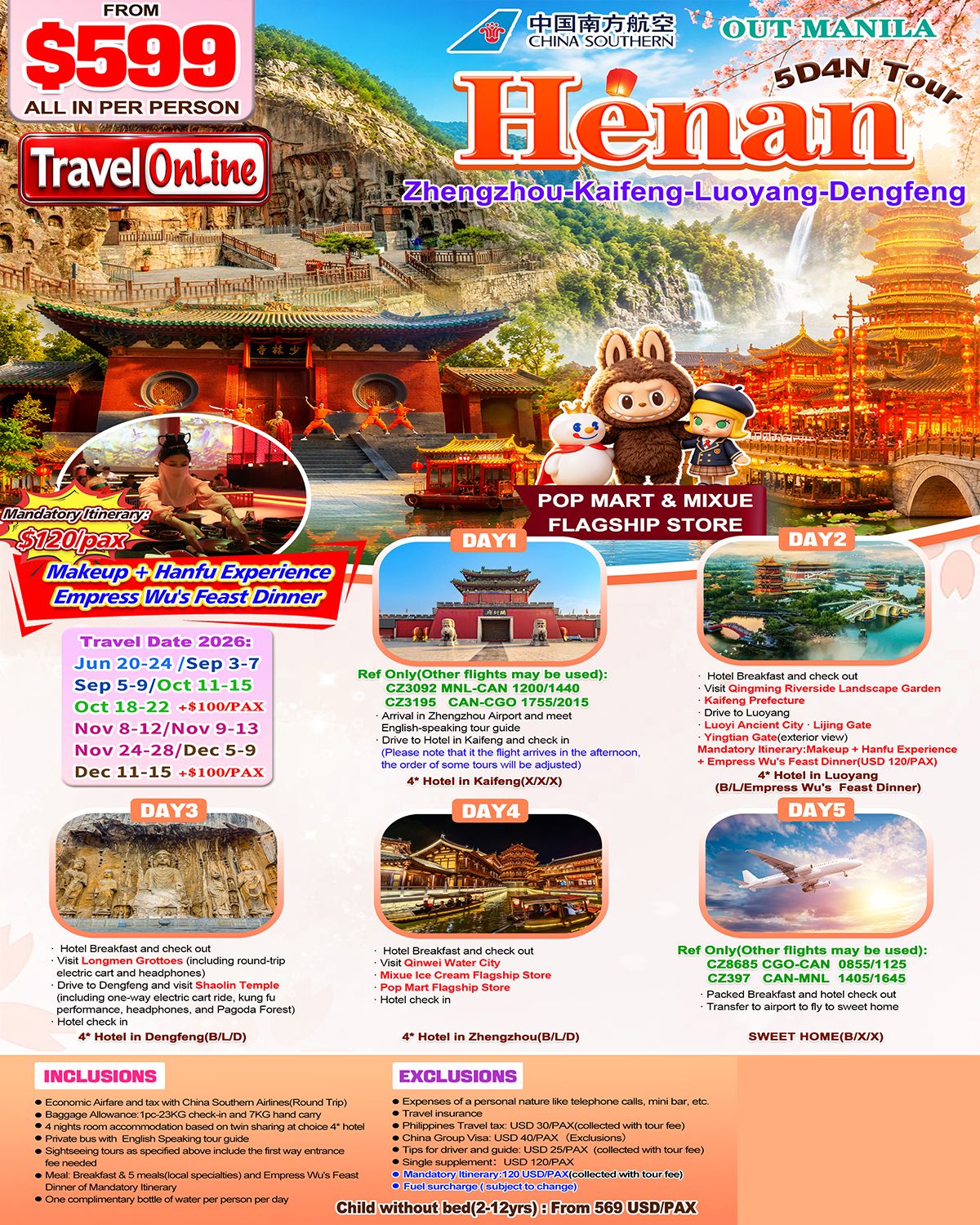 Manila-Zhengzhou+Luoyang,Henan(Via Guangzhou)5D4N,2026: AS LOW AS $599/PAX promo image
