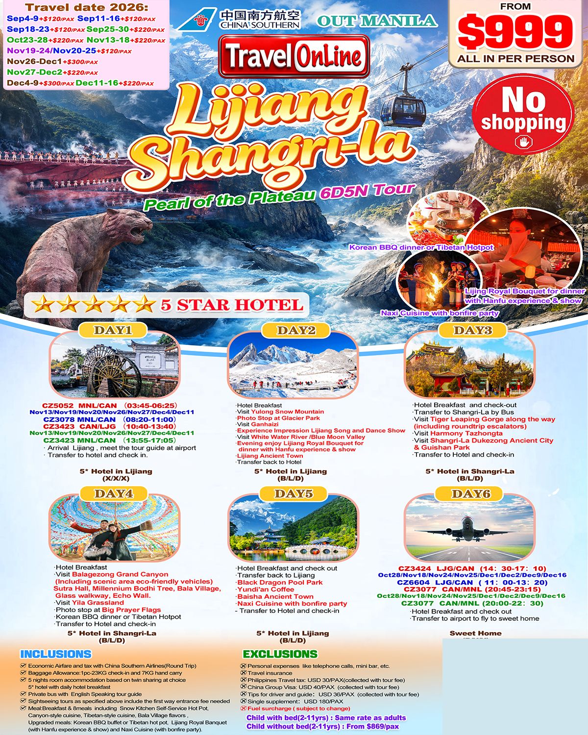 Manlia-Lijiang(Via Guangzhou)+Shangri-La 6D5N Tour,2026: AS LOW AS $999/PAX promo image