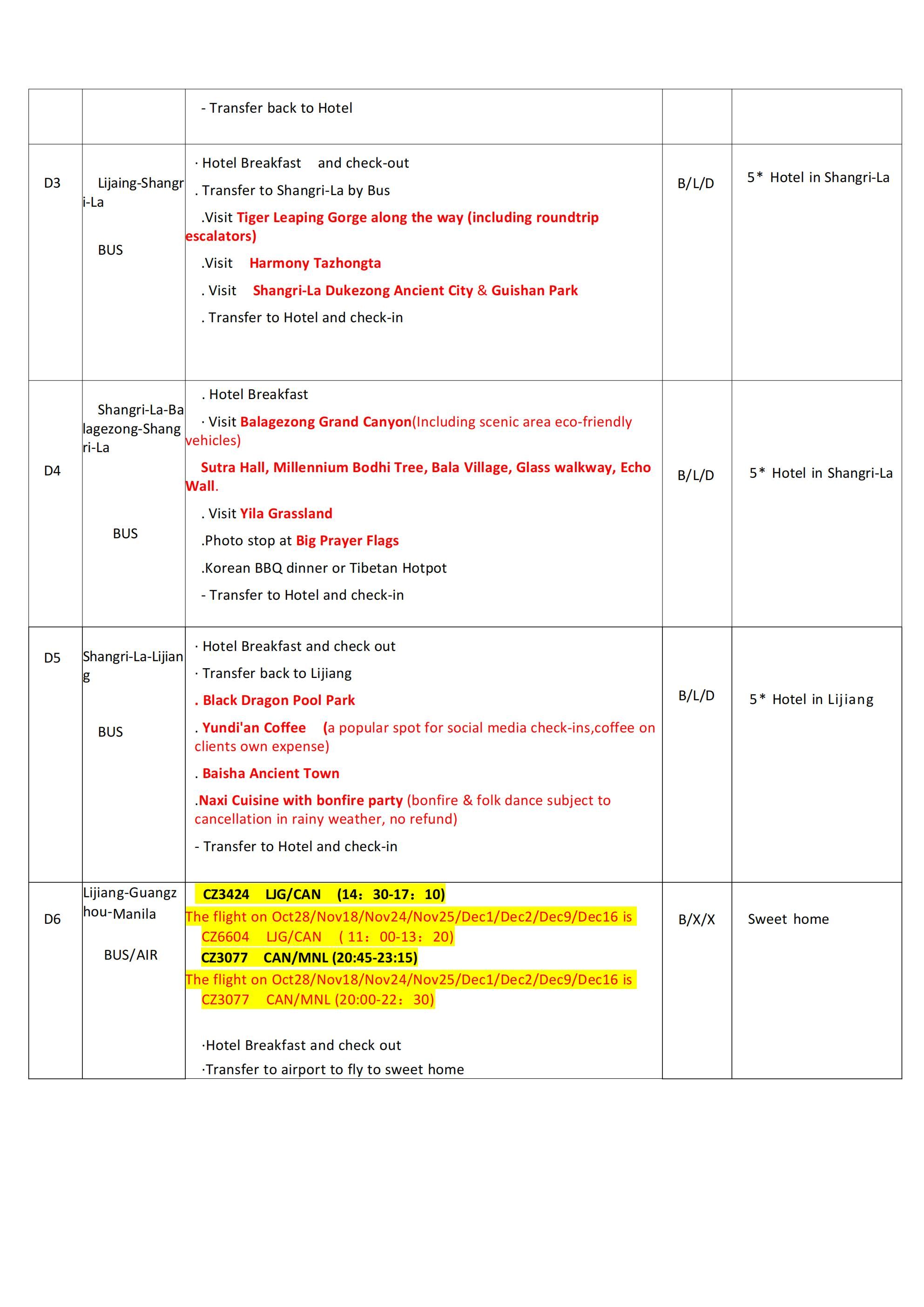 Manlia-Lijiang(Via Guangzhou)+Shangri-La 6D5N Tour,2026: AS LOW AS $999/PAX itinerary