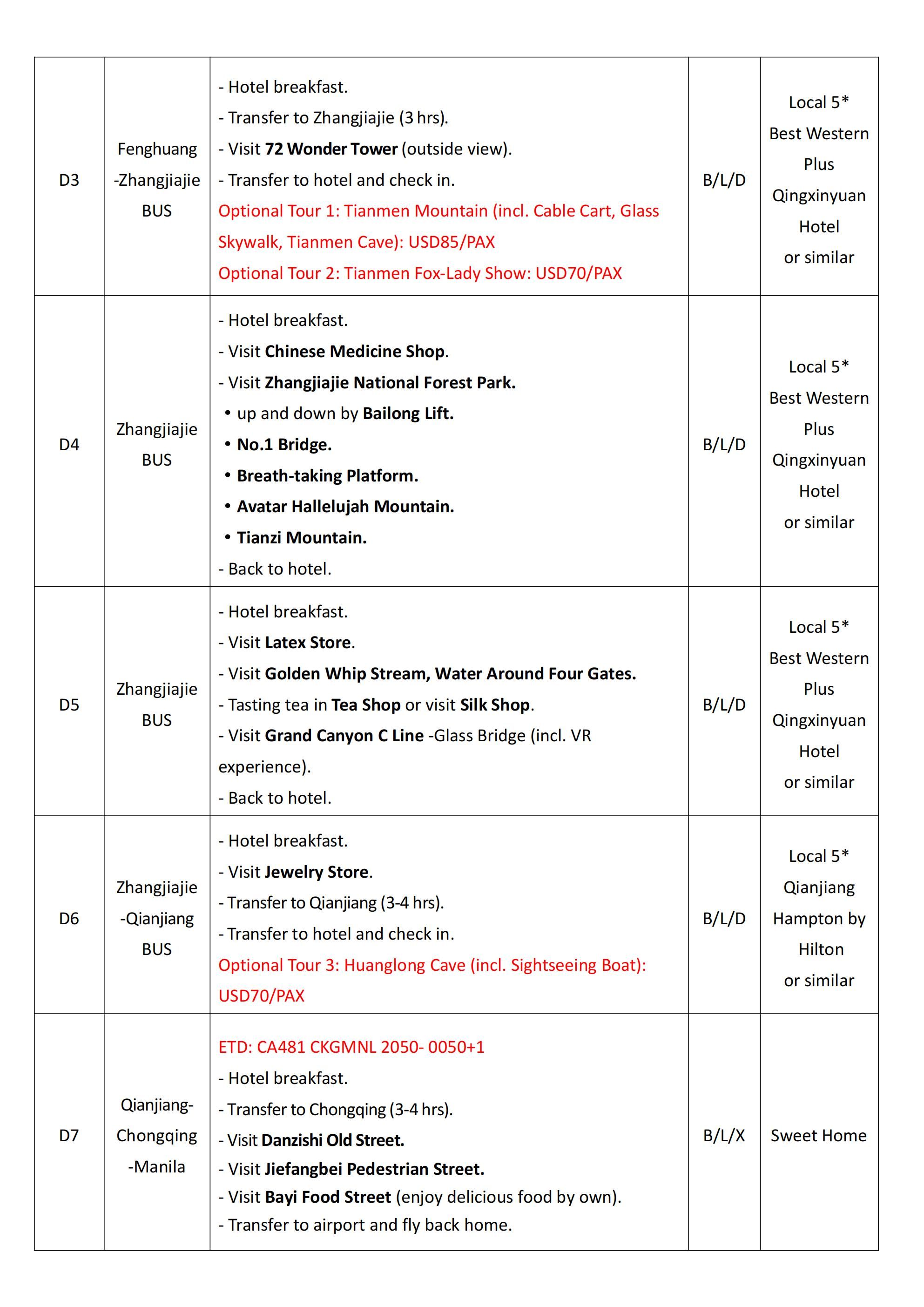 Chongqing+Avatar+Fenghuang 7D6N (CA): AS LOW AS $558/PAX itinerary