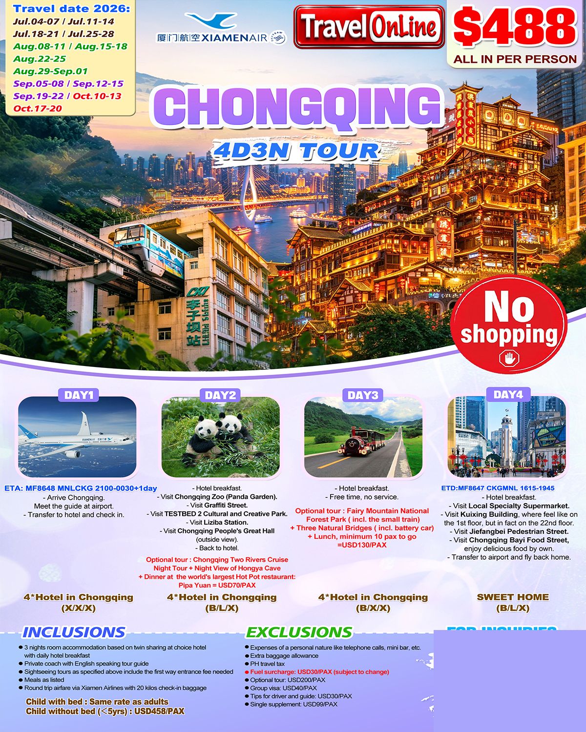 Chongqing 4D3N (MF)，Non-shopping: AS LOW AS $488/PAX promo image