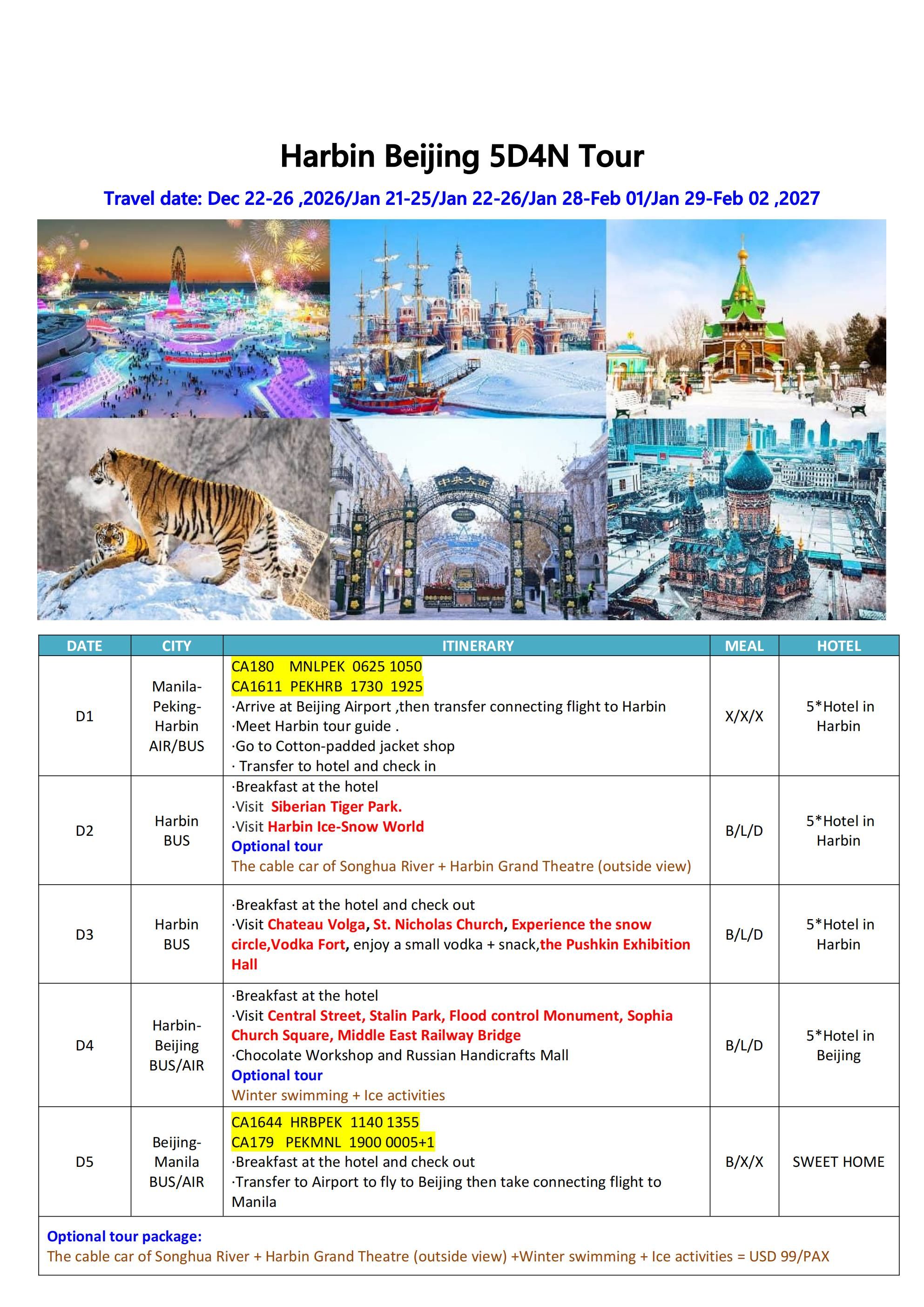 Harbin Beijing 5D4N Tour: AS LOW AS $1358/PAX itinerary