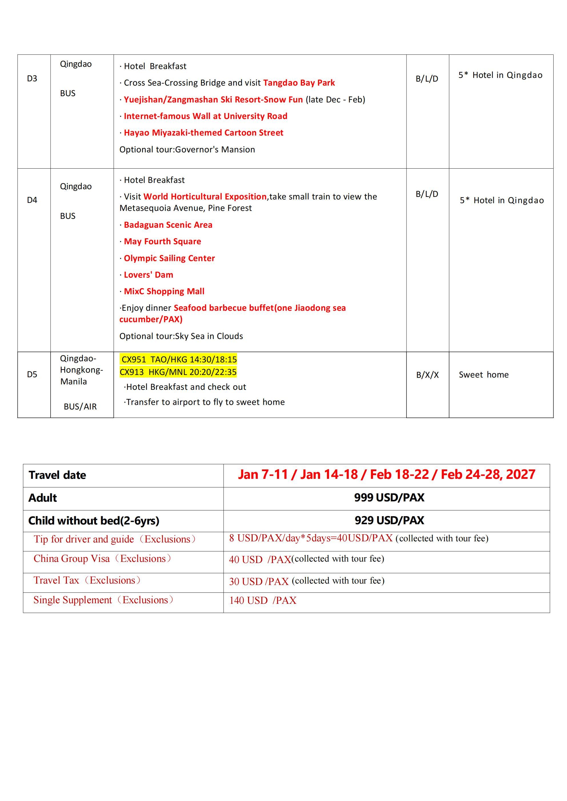 Manila-Qingdao(via Hongkong) 5D4N ,2027: AS LOW AS $999/PAX itinerary