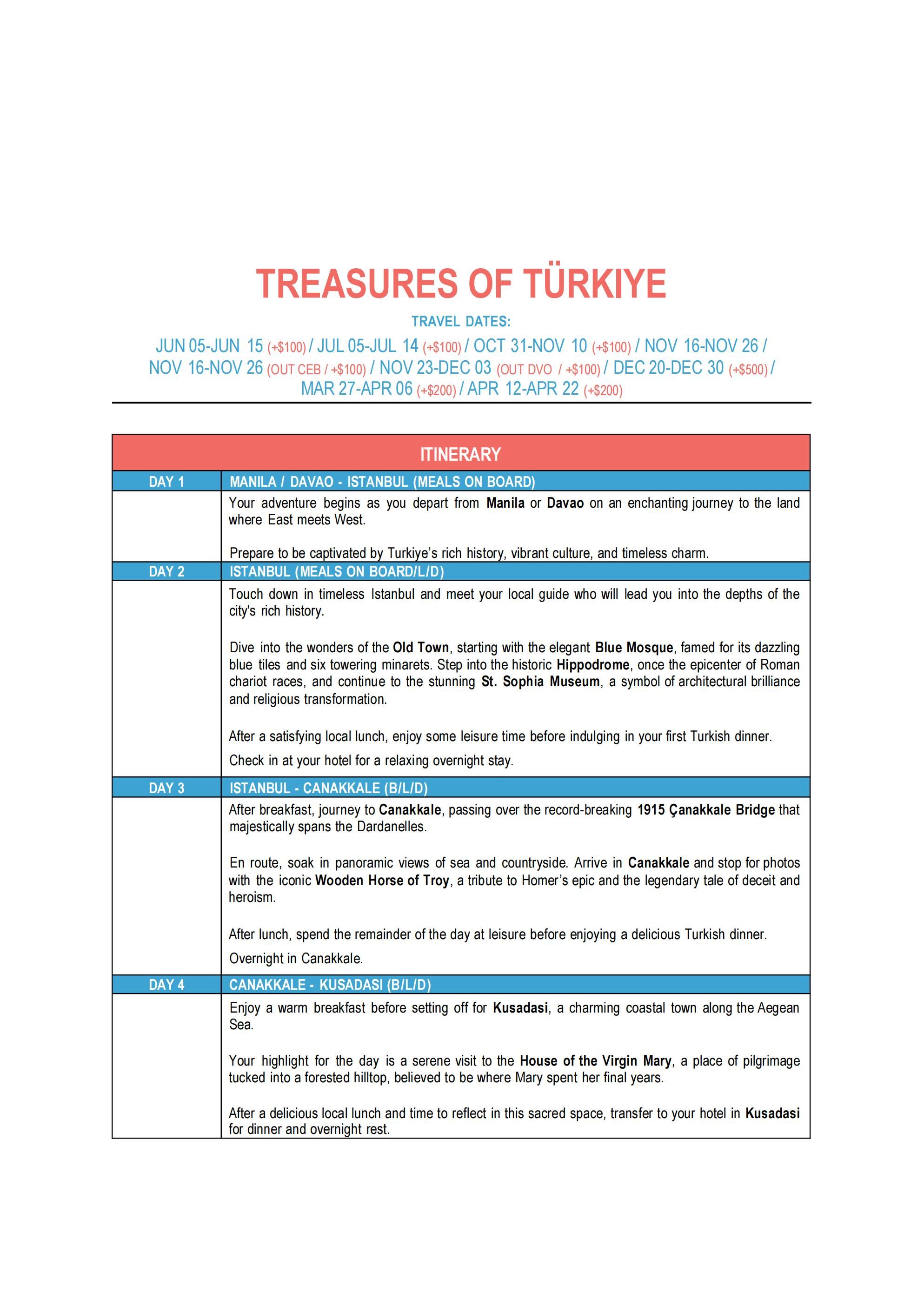 TURKEY (Treasures of Turkiye via MANILA) 2026: AS LOW AS $1888/PAX itinerary