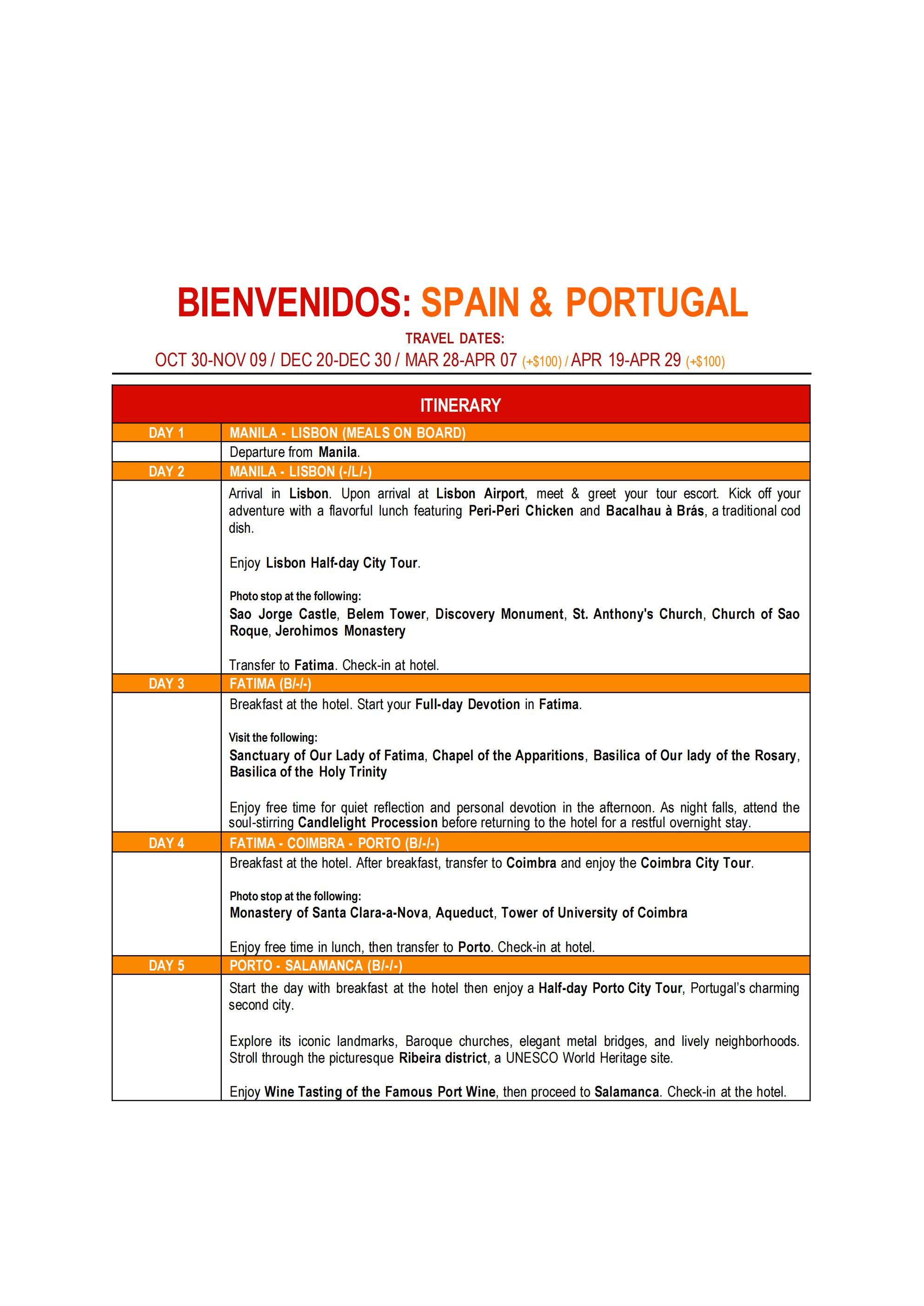 SPAIN AND PORTUGAL (Bienvenidos_Spain and Portugal) 2026: AS LOW AS $2888/PAX itinerary