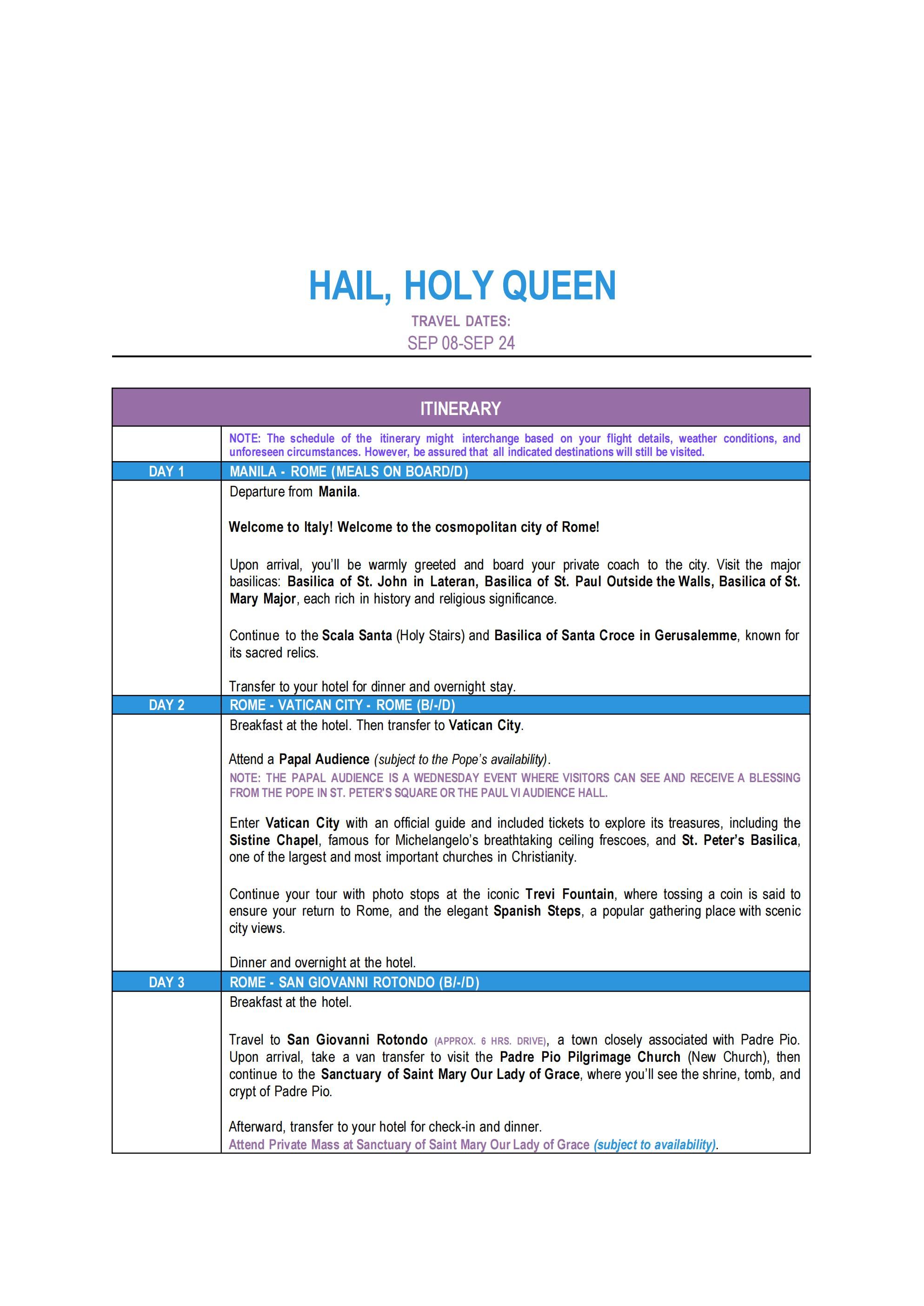 HAIL HOLYQUEEN TALES OF EUROPE: AS LOW AS $4588/PAX itinerary