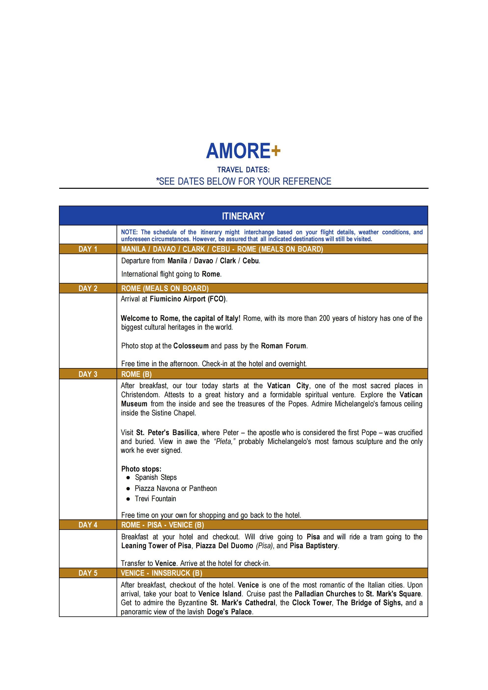 Amore Tales of Europe (Manila) 2026 : as low as $2888/PAX itinerary