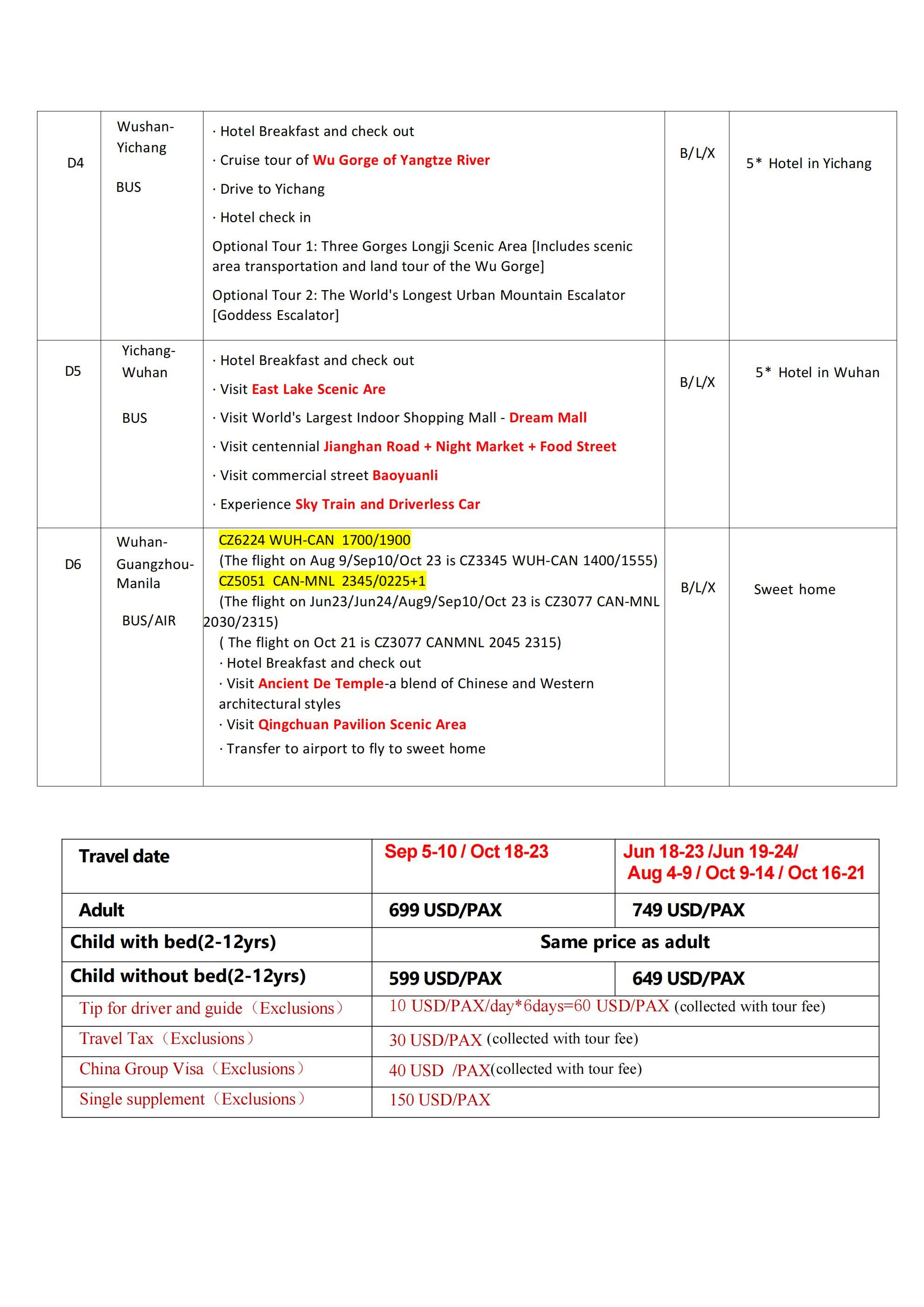 Manila-Wuhan+Yangtze River(via Guangzhou) 6D5N,2026: AS LOW AS $699/PAX itinerary