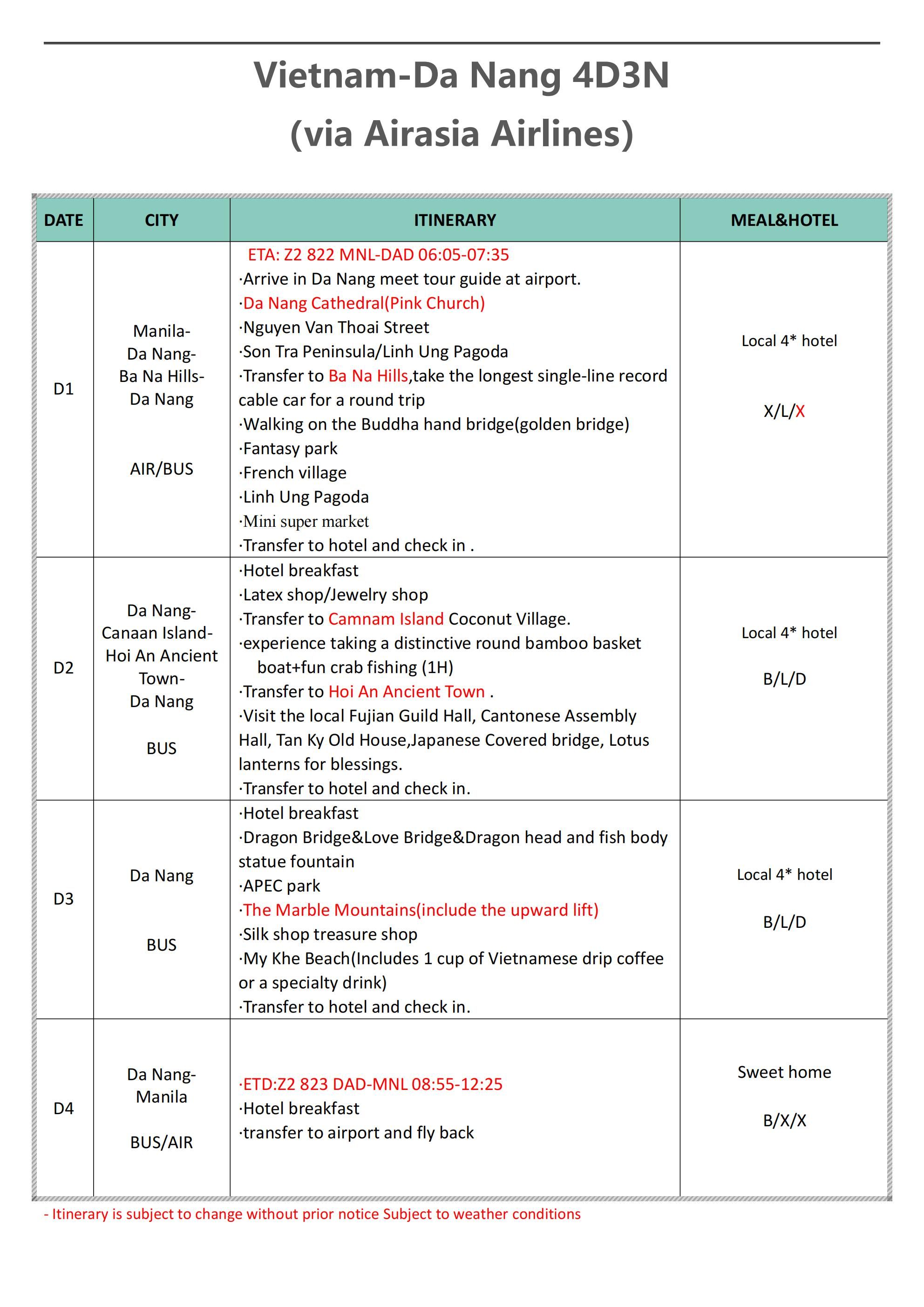 DA NANG 4D3N(Z2),2026: AS LOW AS ₱21888/PAX itinerary