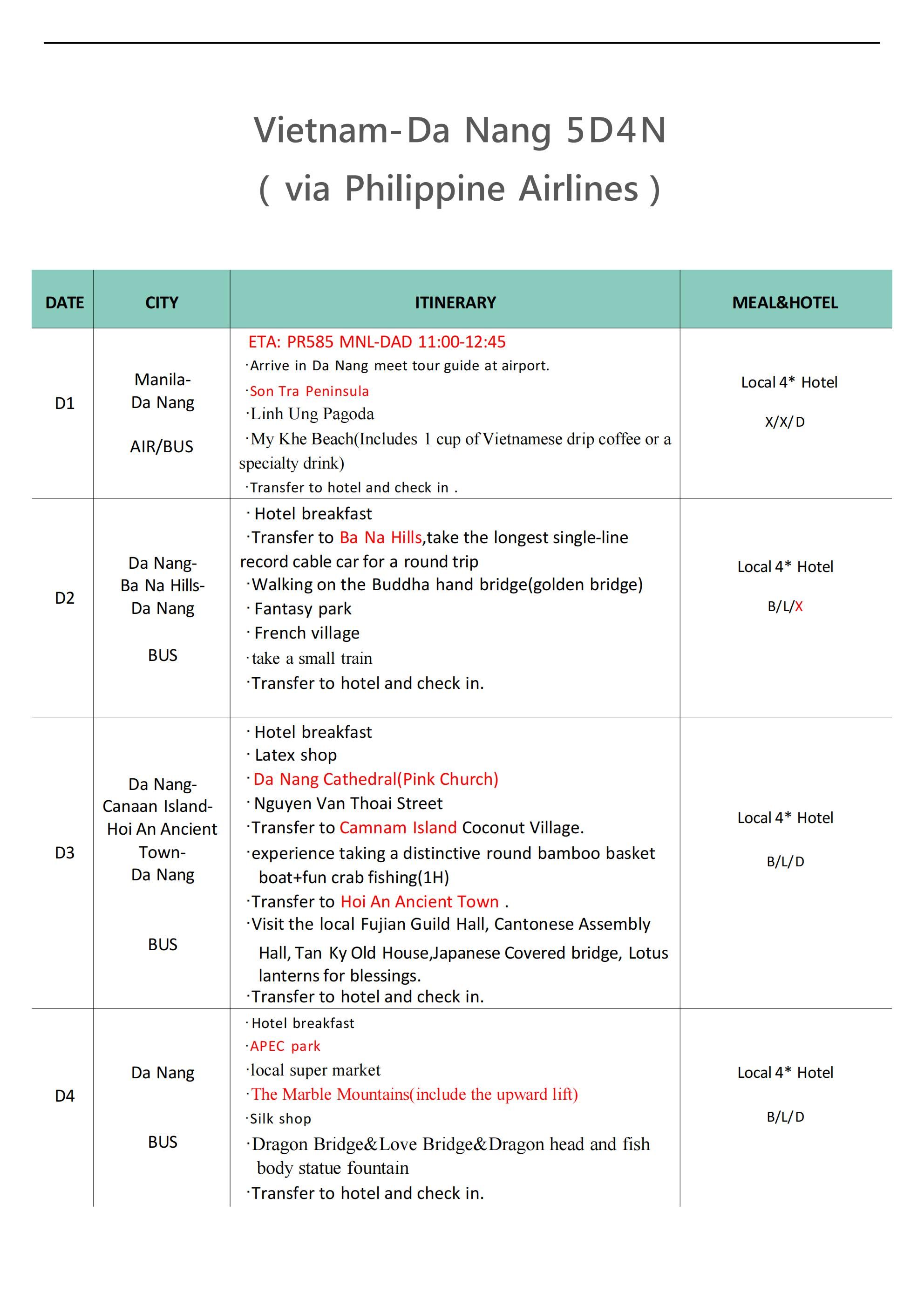 Da Nang 5D4N(PR),2026: AS LOW AS ₱32888/PAX itinerary