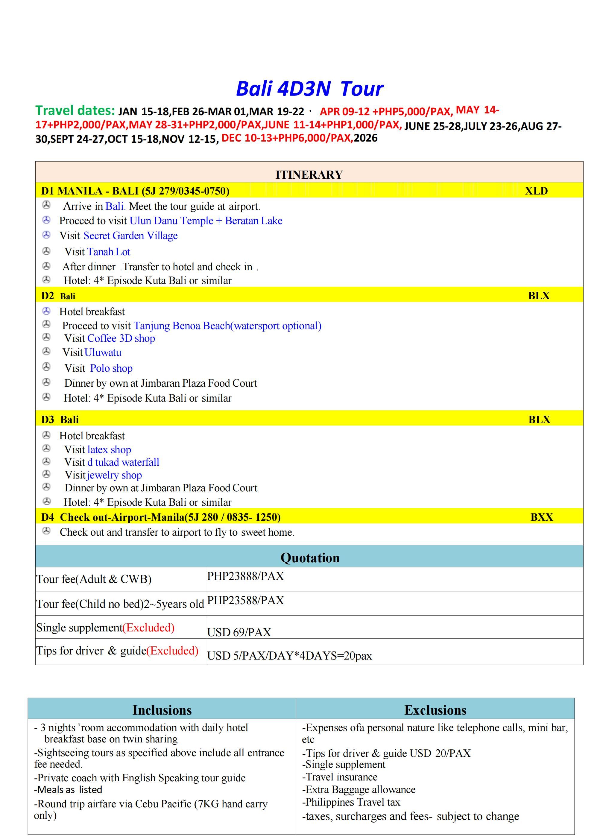 BALI 4D3N,2026-2027: AS LOW AS ₱23888/PAX itinerary