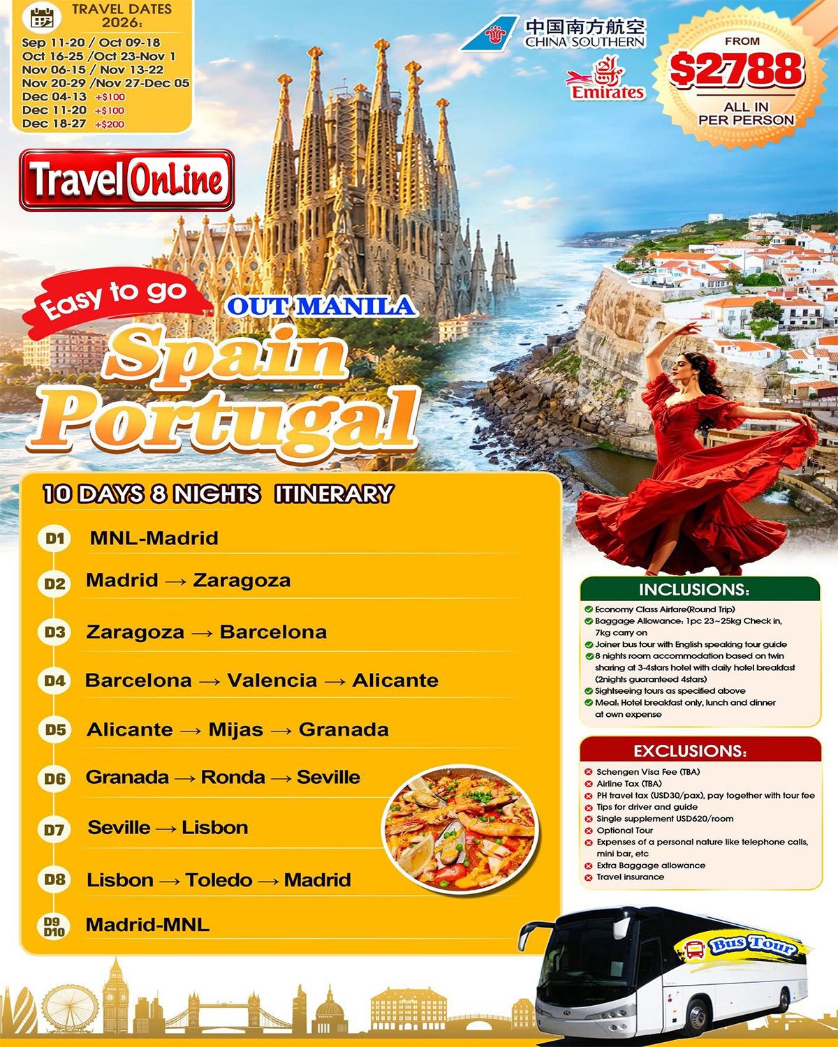 Spain and Portugal (Via Guangzhou/Dubai) 10D8N,2026: AS LOW AS $2788/PAX promo image