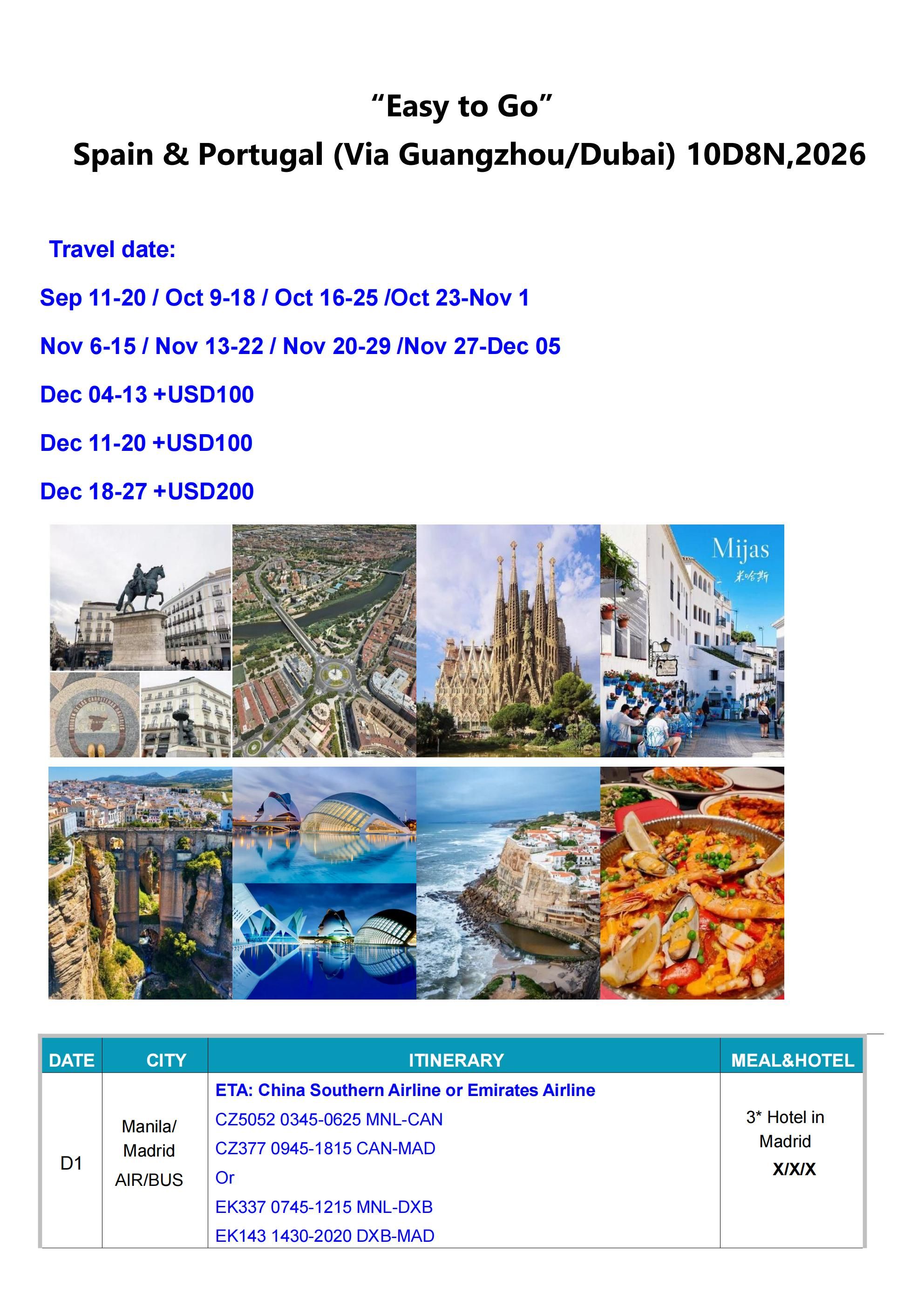 Spain and Portugal (Via Guangzhou/Dubai) 10D8N,2026: AS LOW AS $2788/PAX itinerary